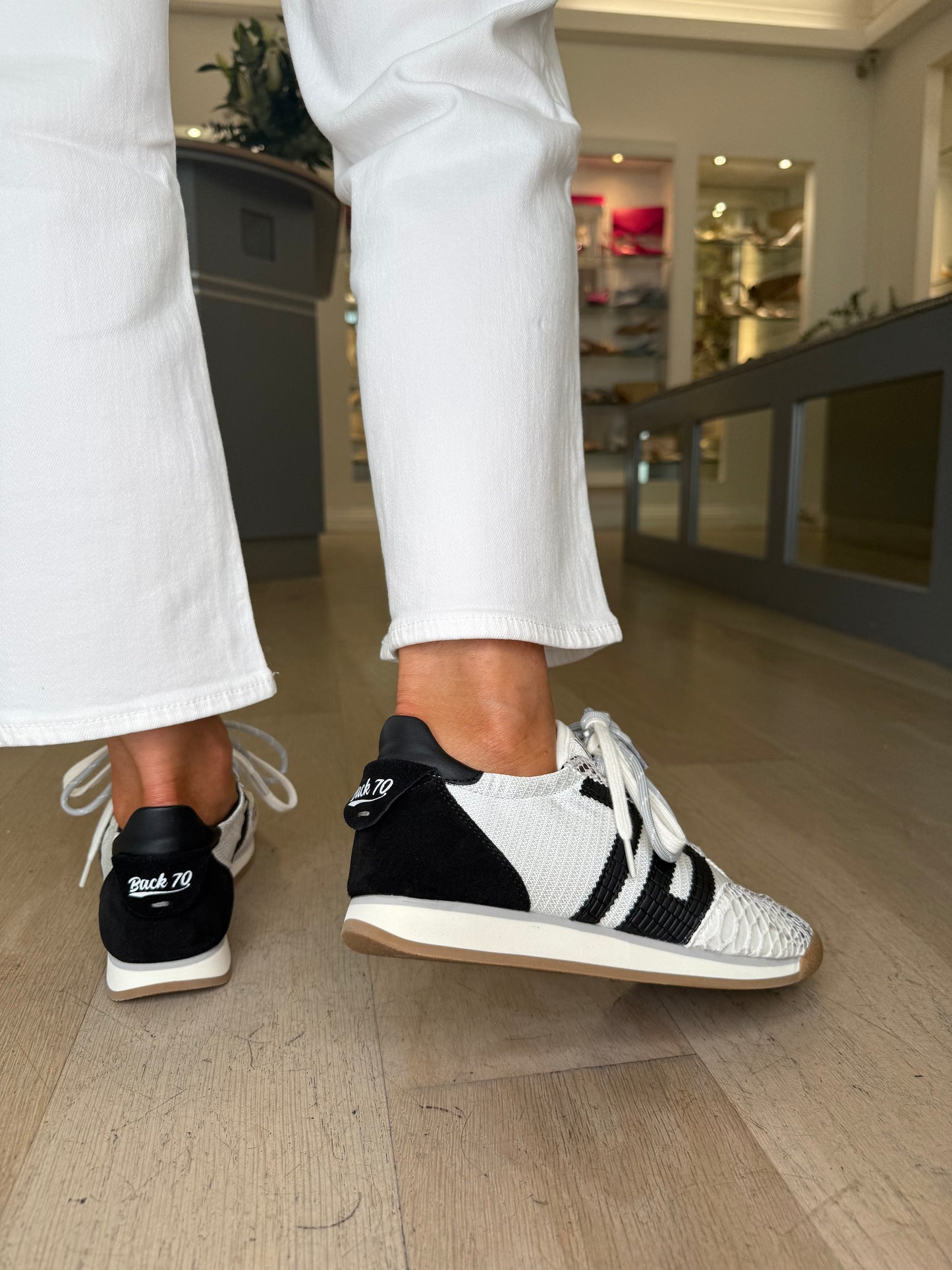 Back 70 -Black & White Snake Print Double Lace Trainer