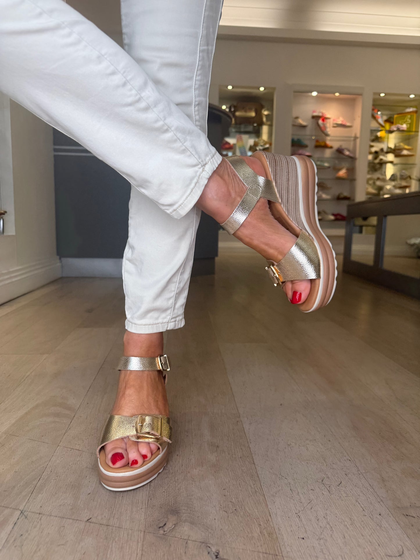 Oh My Sandals - Metallic Gold Flexy Patent Wedge Sandal