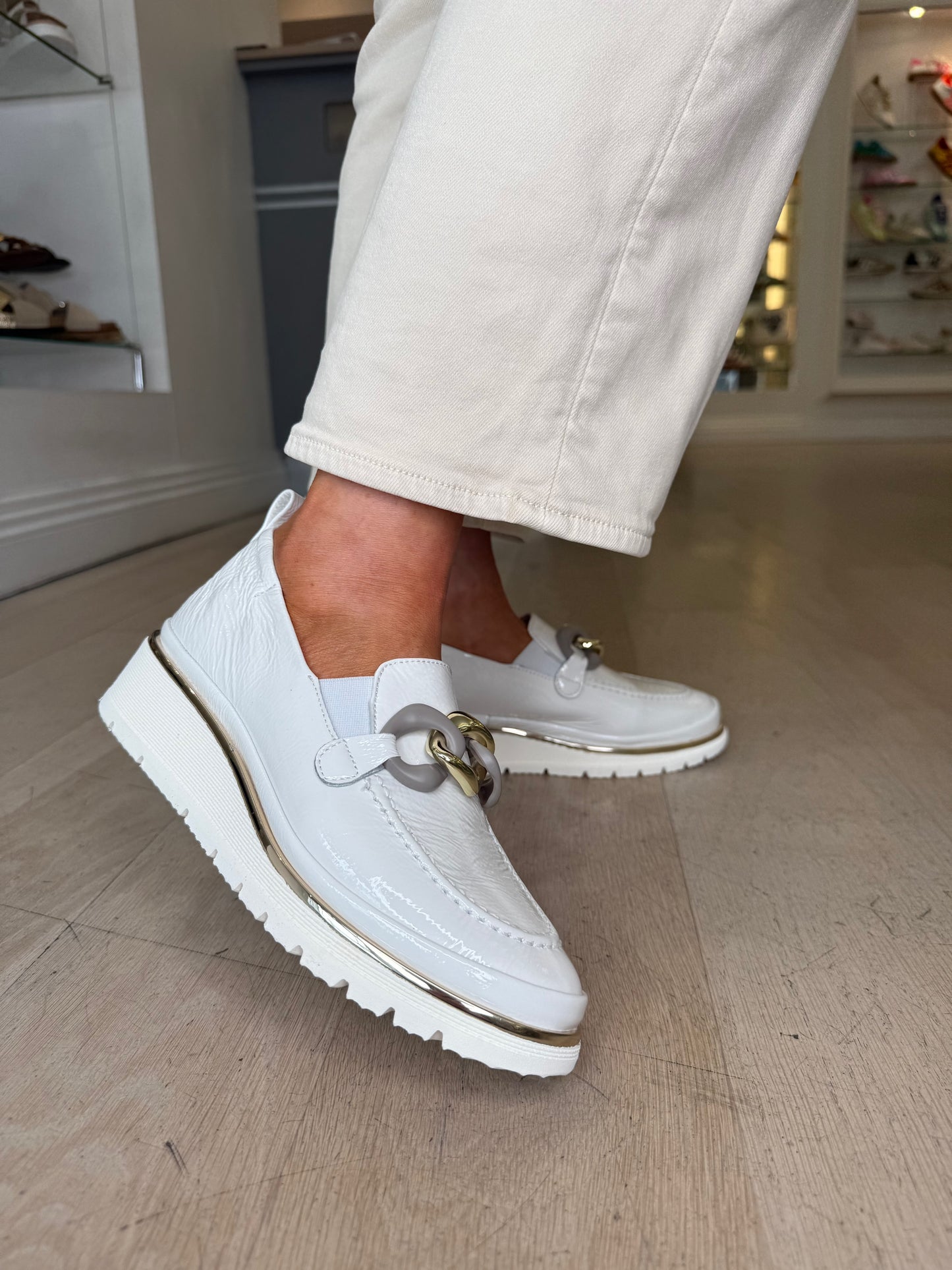 XSA -Soft Flexy Off White Patent Leather Slip On Wedge Shoe