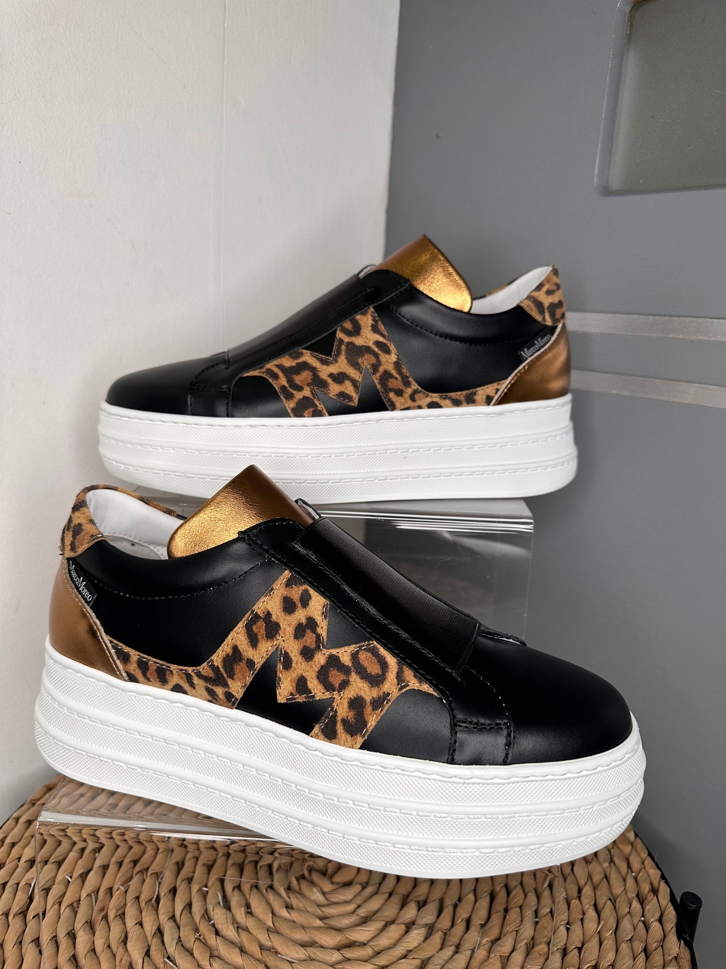 Marco Moreo - Aretha Black Calf Leather Chunky Trainer With Antique Bronze & Leopard Print Trim