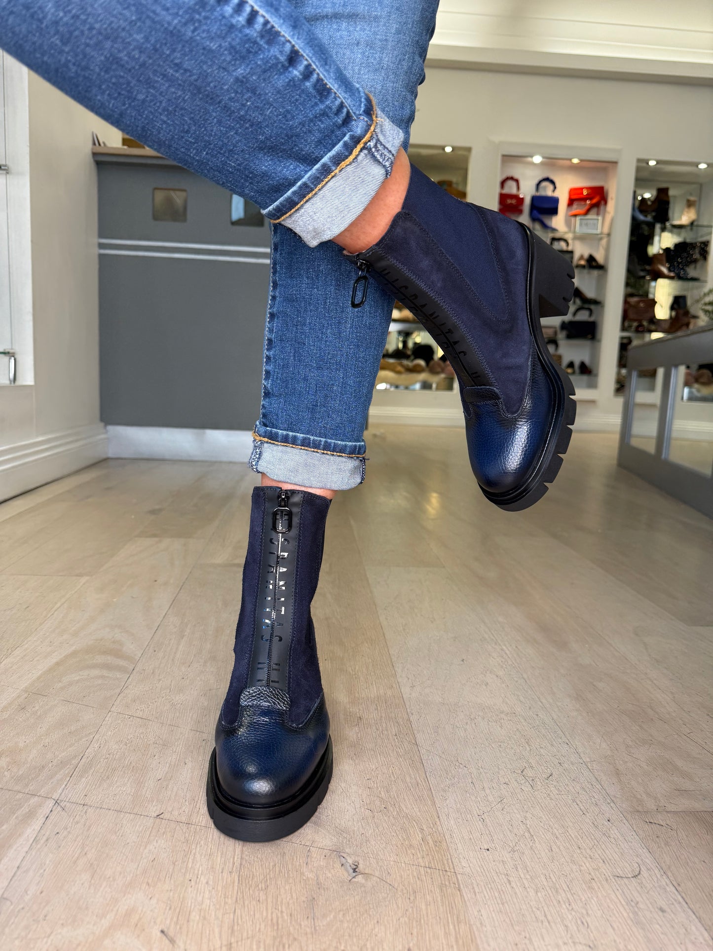 Hispanitas - Navy Suede & Leather Block Heel Boot With Platform Sole