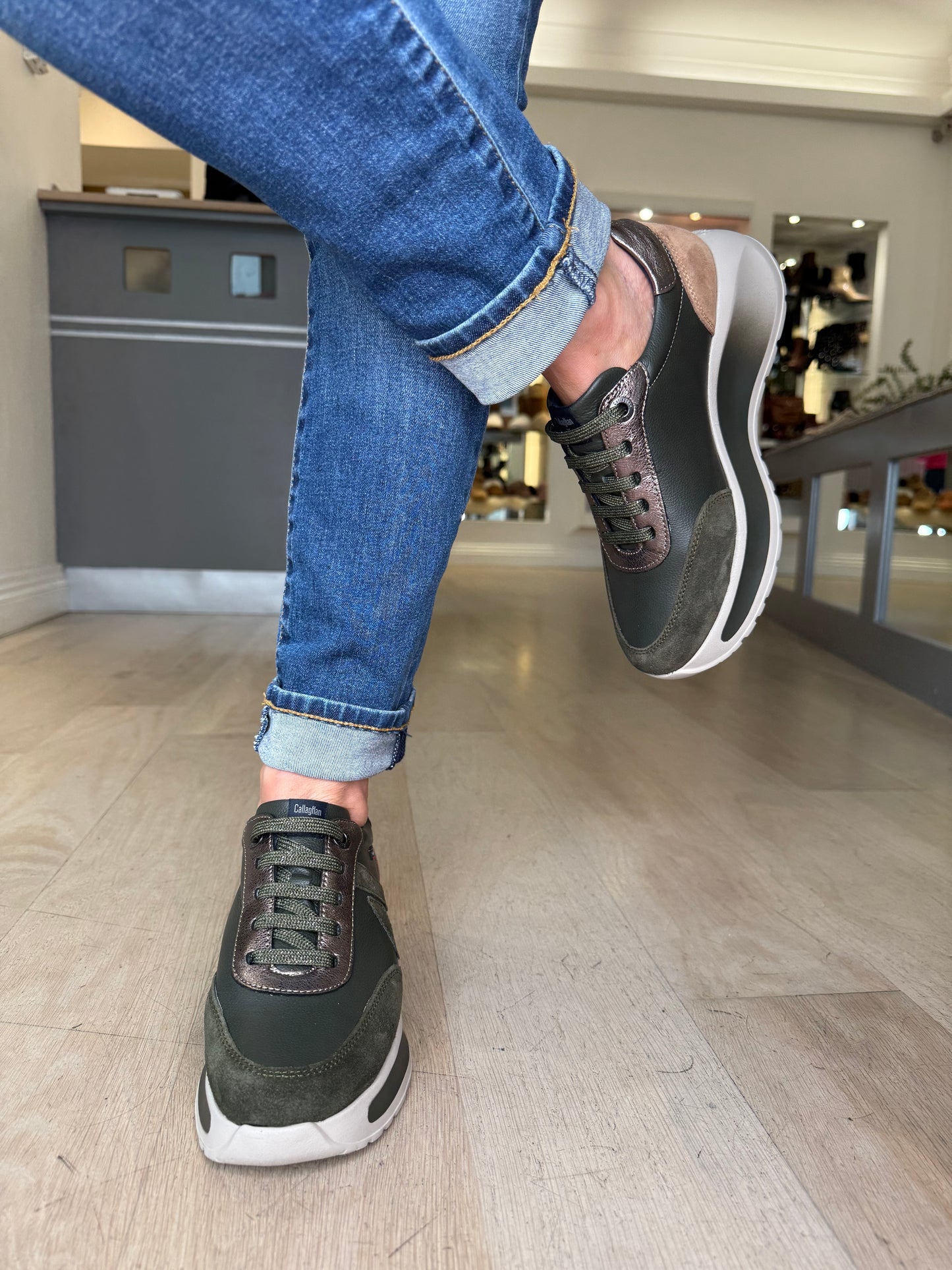 Callaghan - Dark Khaki Mix Lace Up Chunky Sole Trainer