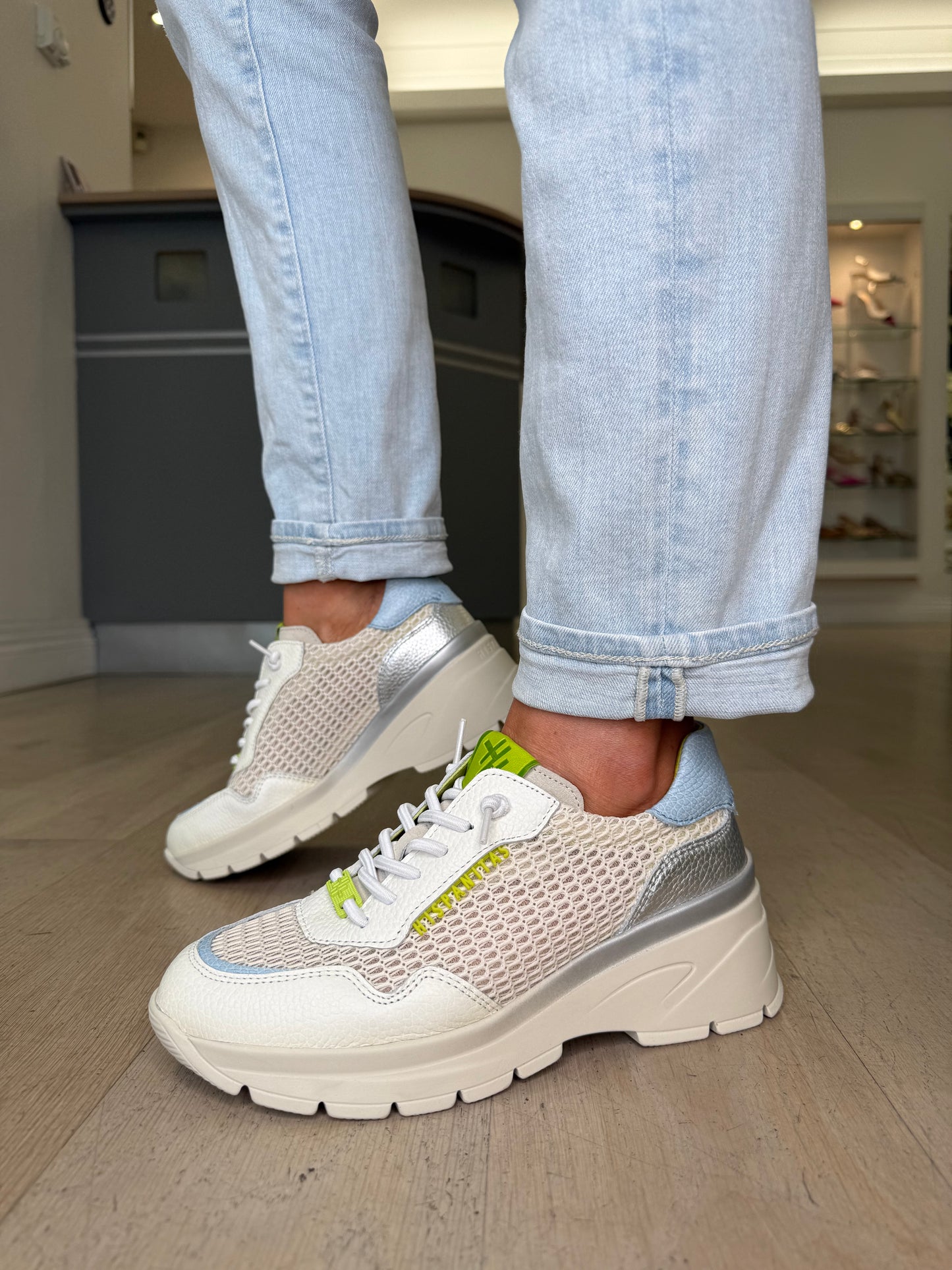 Hispanitas - White Leather Trainer With Lime, Silver & Blue Mix Trim