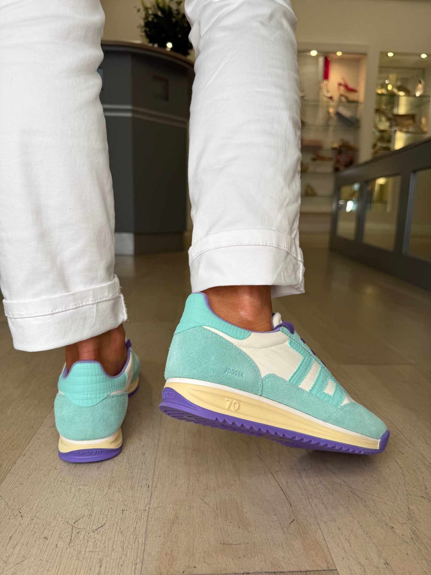 Back 70 - Jogger Mint Suede Trainer With White Leather & Purple Trim