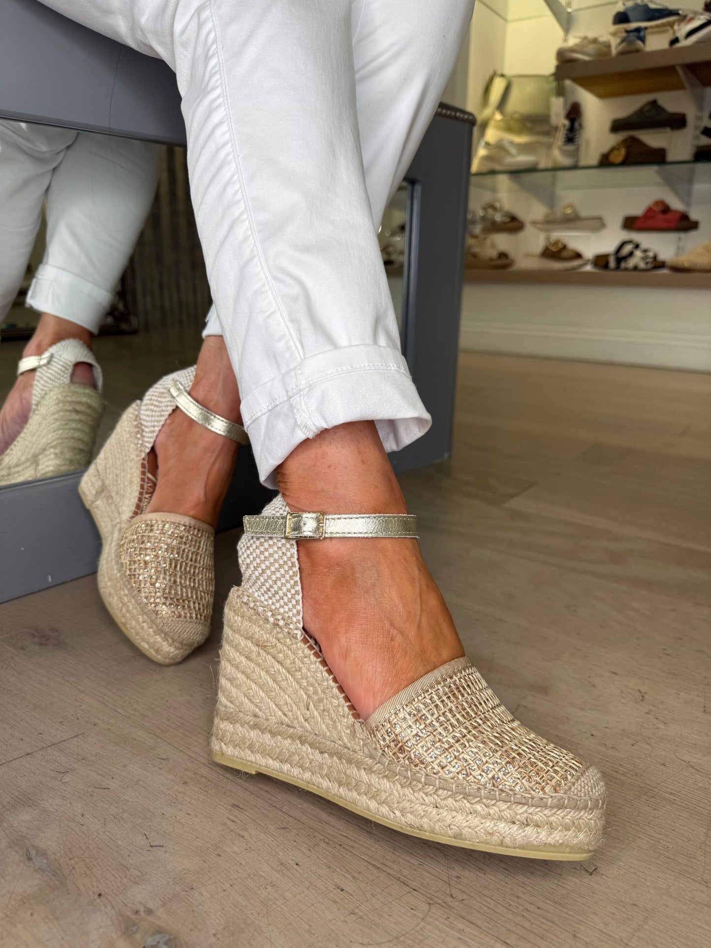 Viguera - Gold Mix Espadrille Closed Toe High Wedge