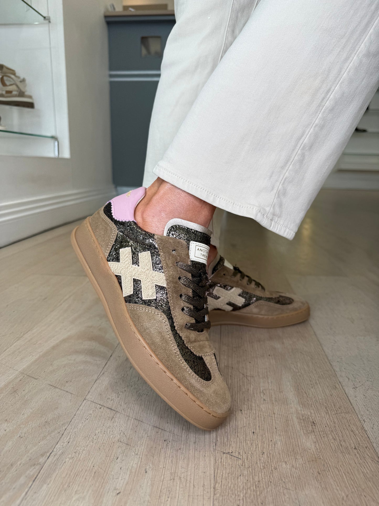 Another Trend -Soft Mocha Suede Trainer With Bronze Inset & Pink Trim