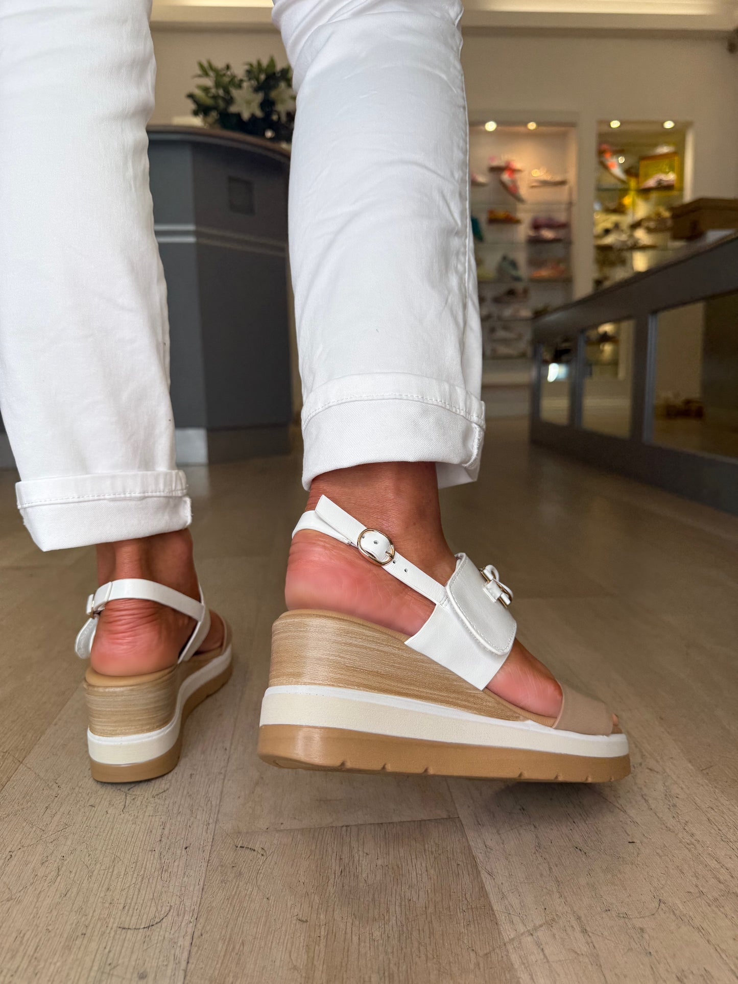 Repo - White & Beige Leather Velcro Wedge Sandal