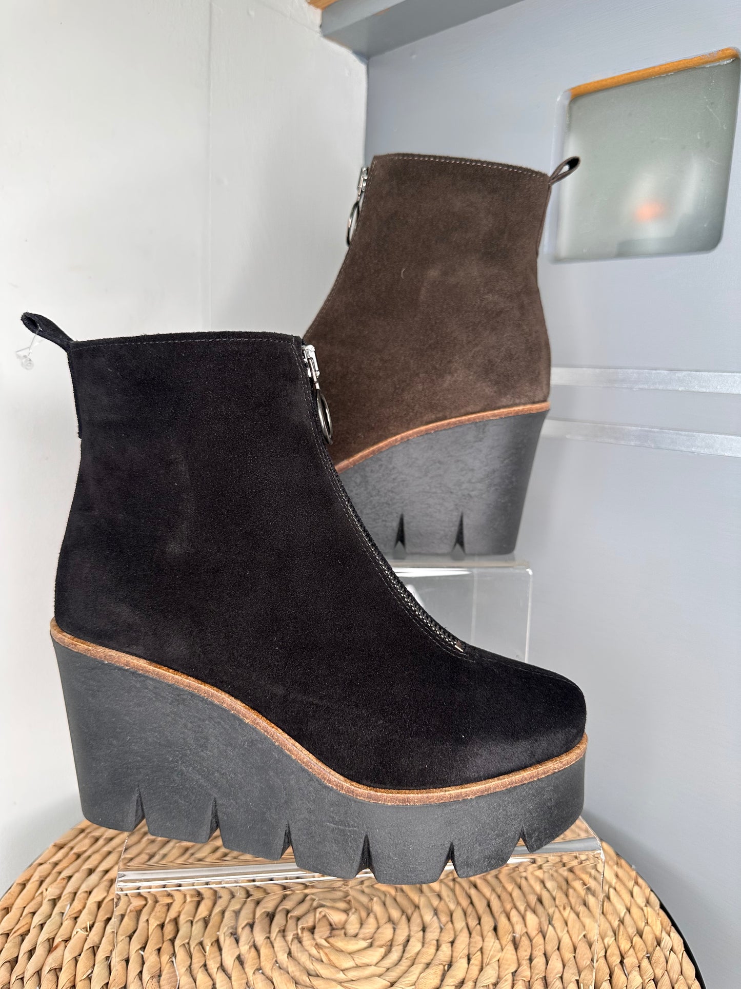 Alpe - Black Suede High Wedge Front Zip Boot