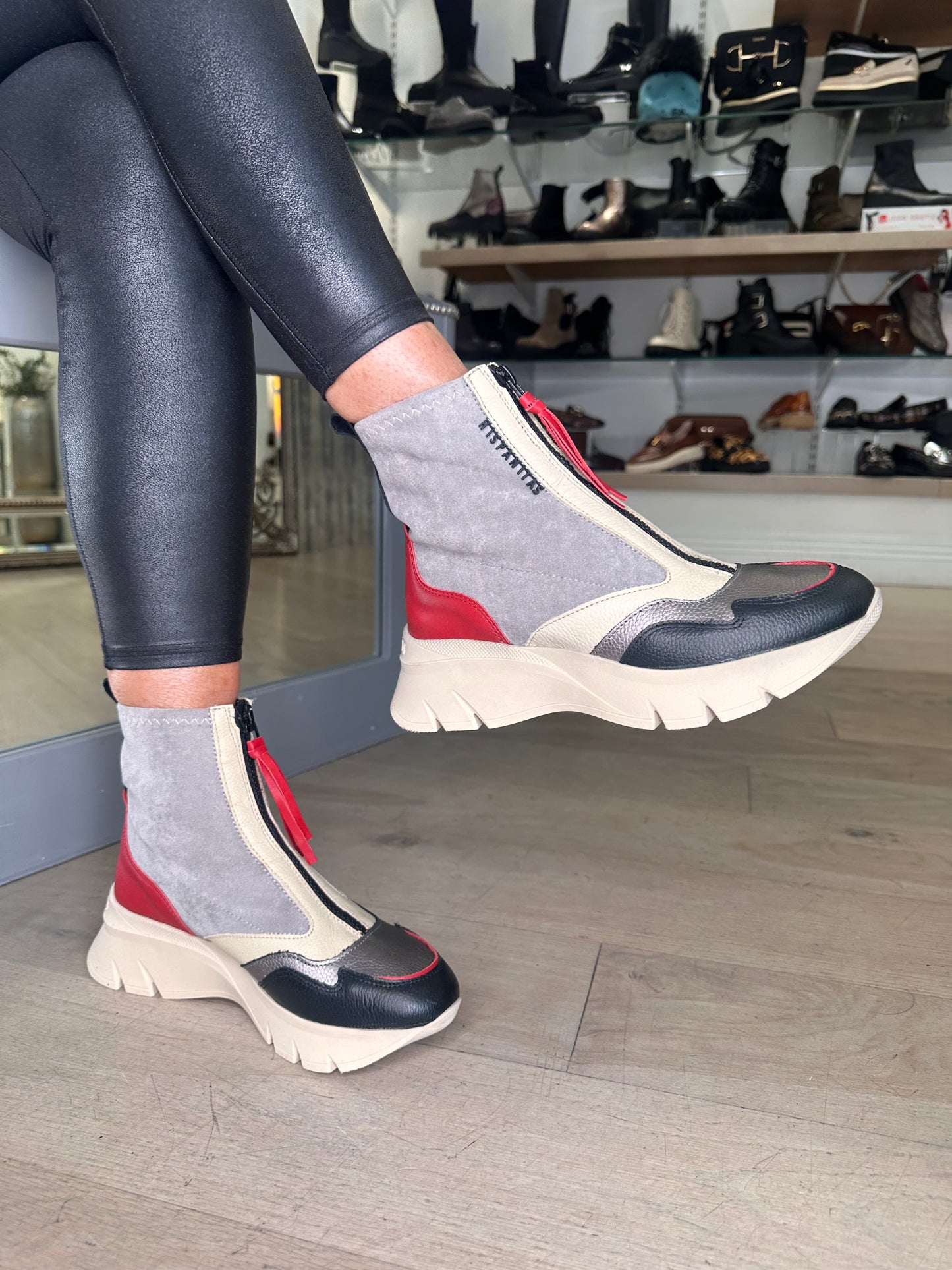 Hispanitas - Grey Suede Mix Sporty Boot With Red Trim