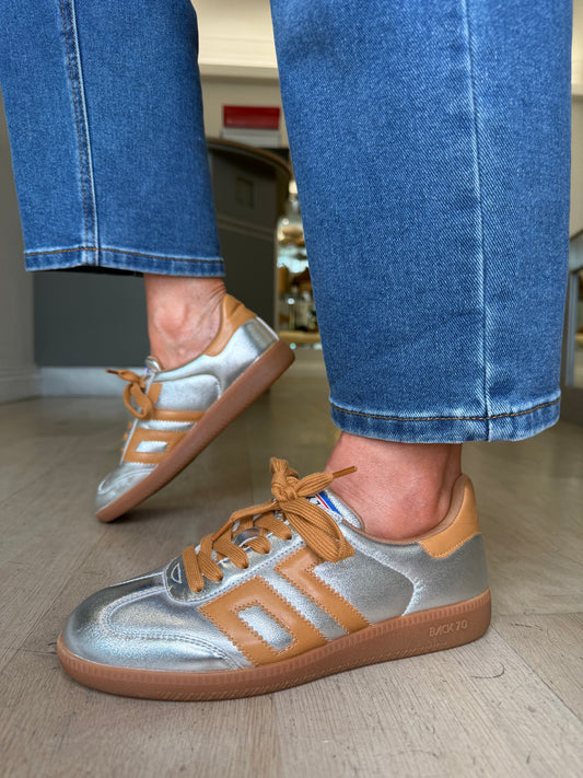 Back 70 - Cloud Metallic Silver Trainer With Tan Trim