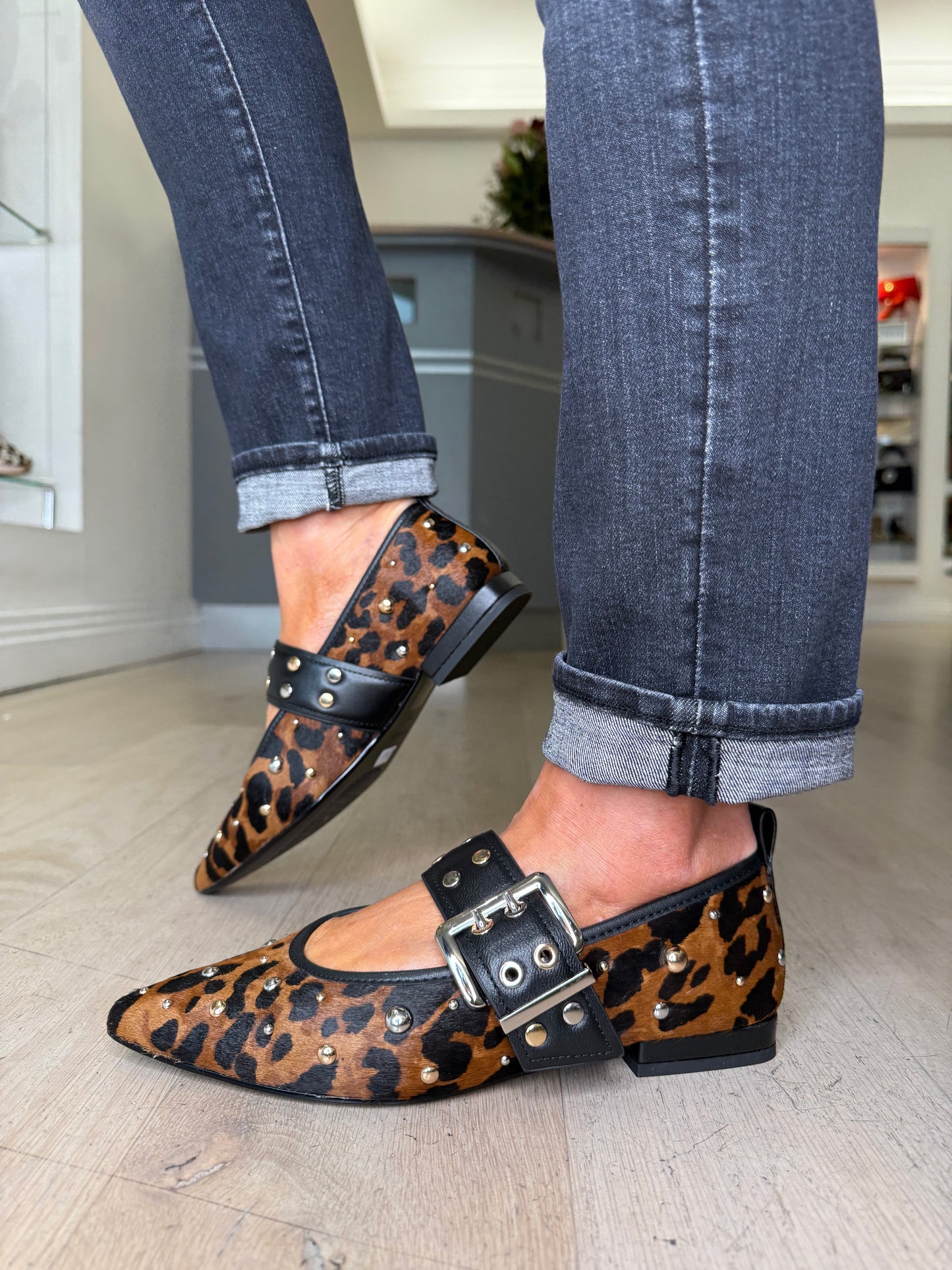 Lodi - Leopard Print Pointy Toe Pomps With Studded Trim