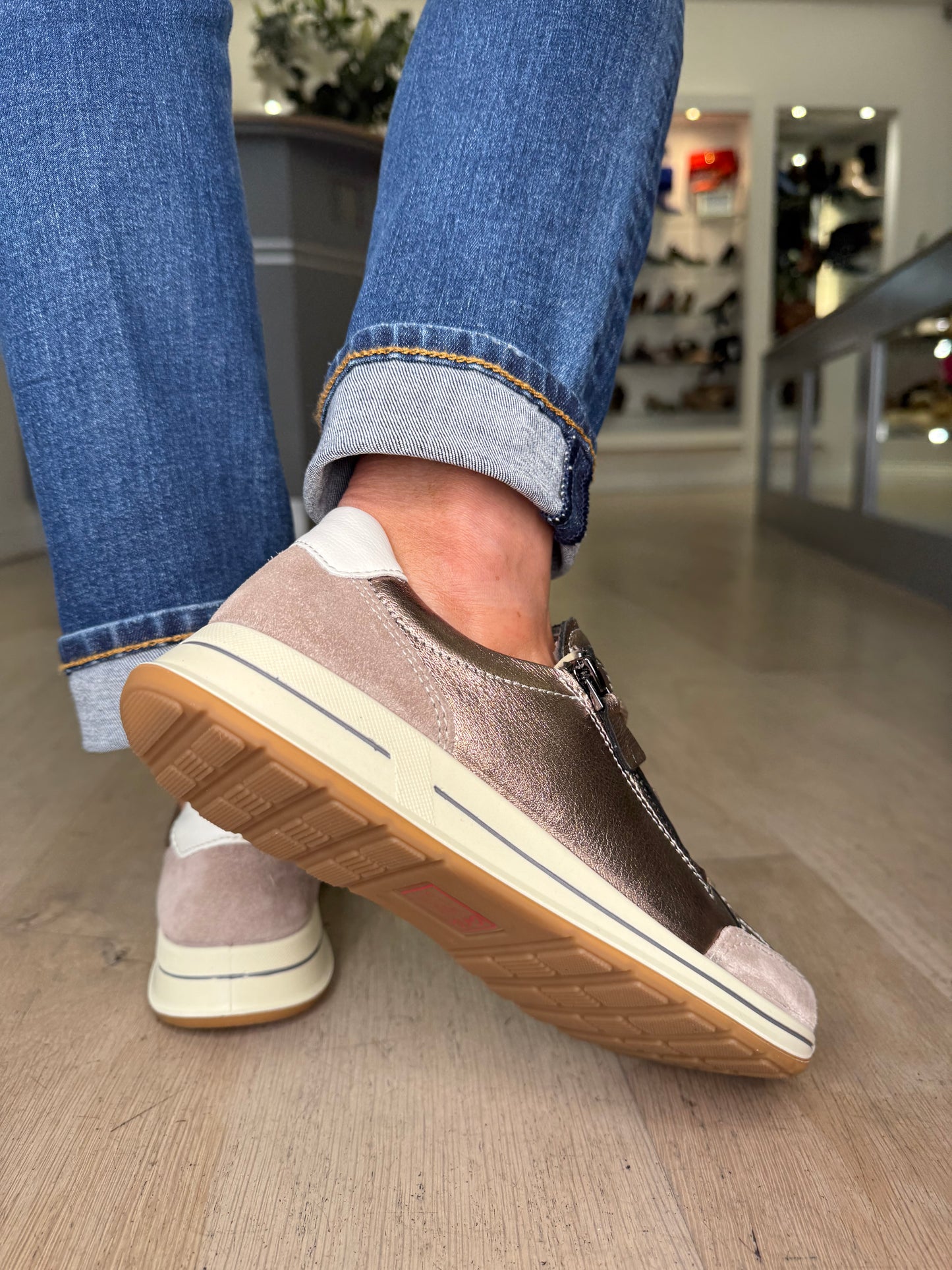 Ara -Soft Bronze/ Beige Suede Suede Side Zip Trainer