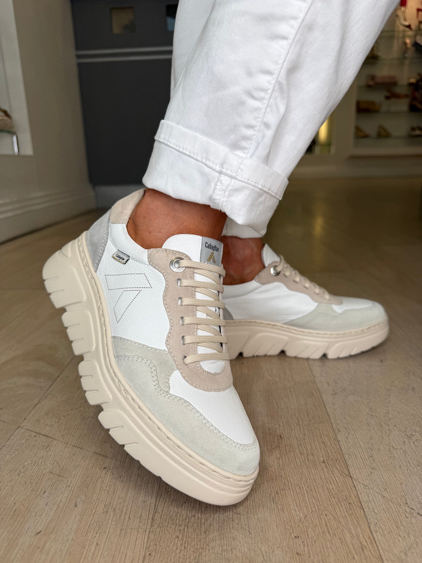 Callaghan - Beige & Pale Green/Grey Suede With White Leather Mix Trainer