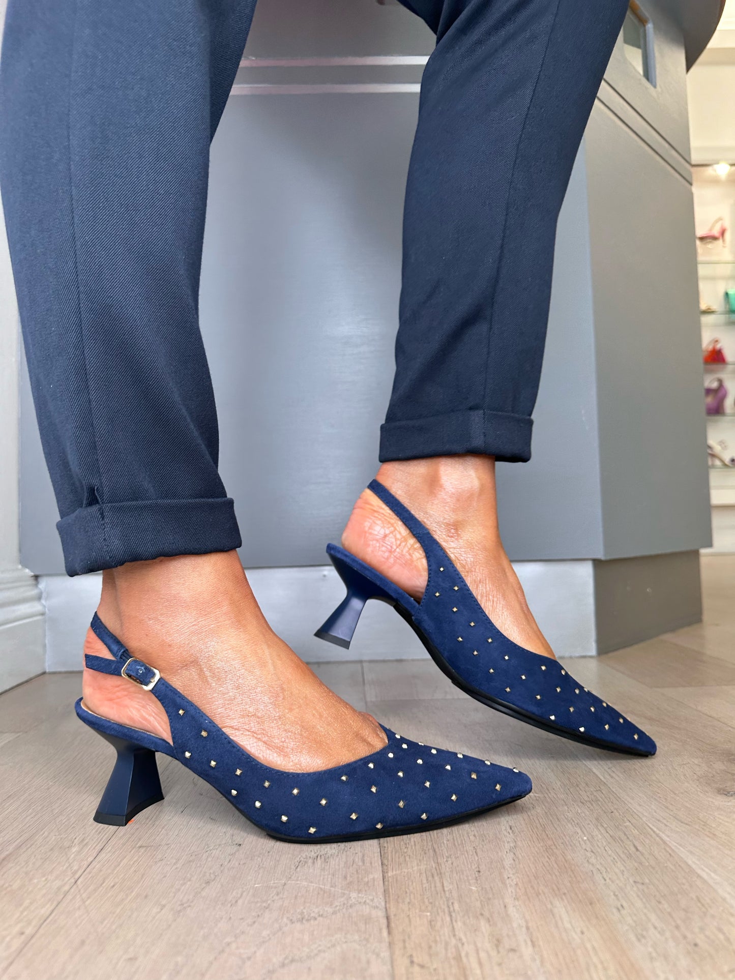 Lodi (Love) - Navy Suede Pointy Toe Sling Back Kitten Heel With Gold Studded Trim