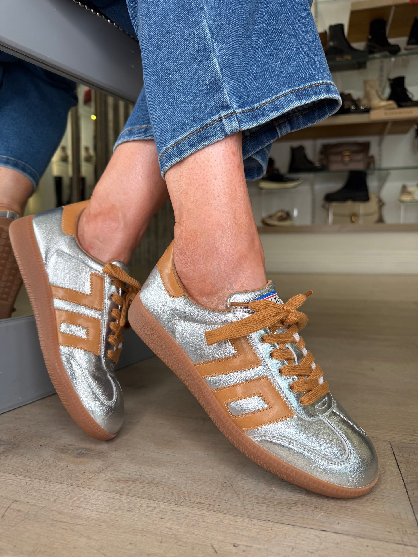 Back 70 - Cloud Metallic Silver Trainer With Tan Trim