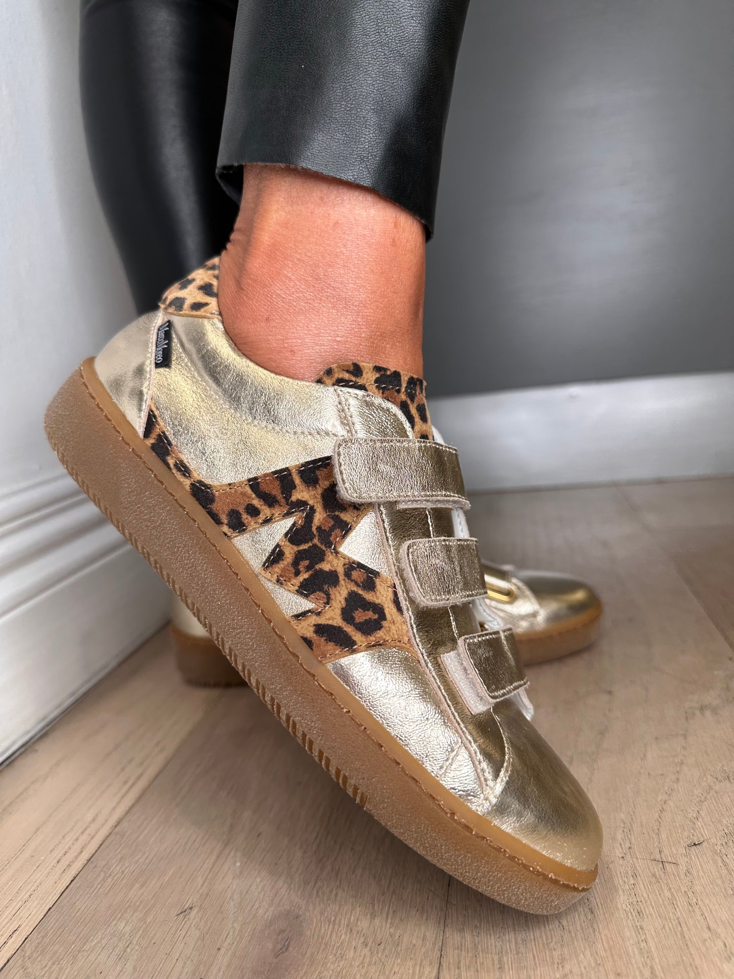 Marco Moreo - Metallic Gold Nappa Leather Trainer With Velcro Straps & Leopard Print Trim