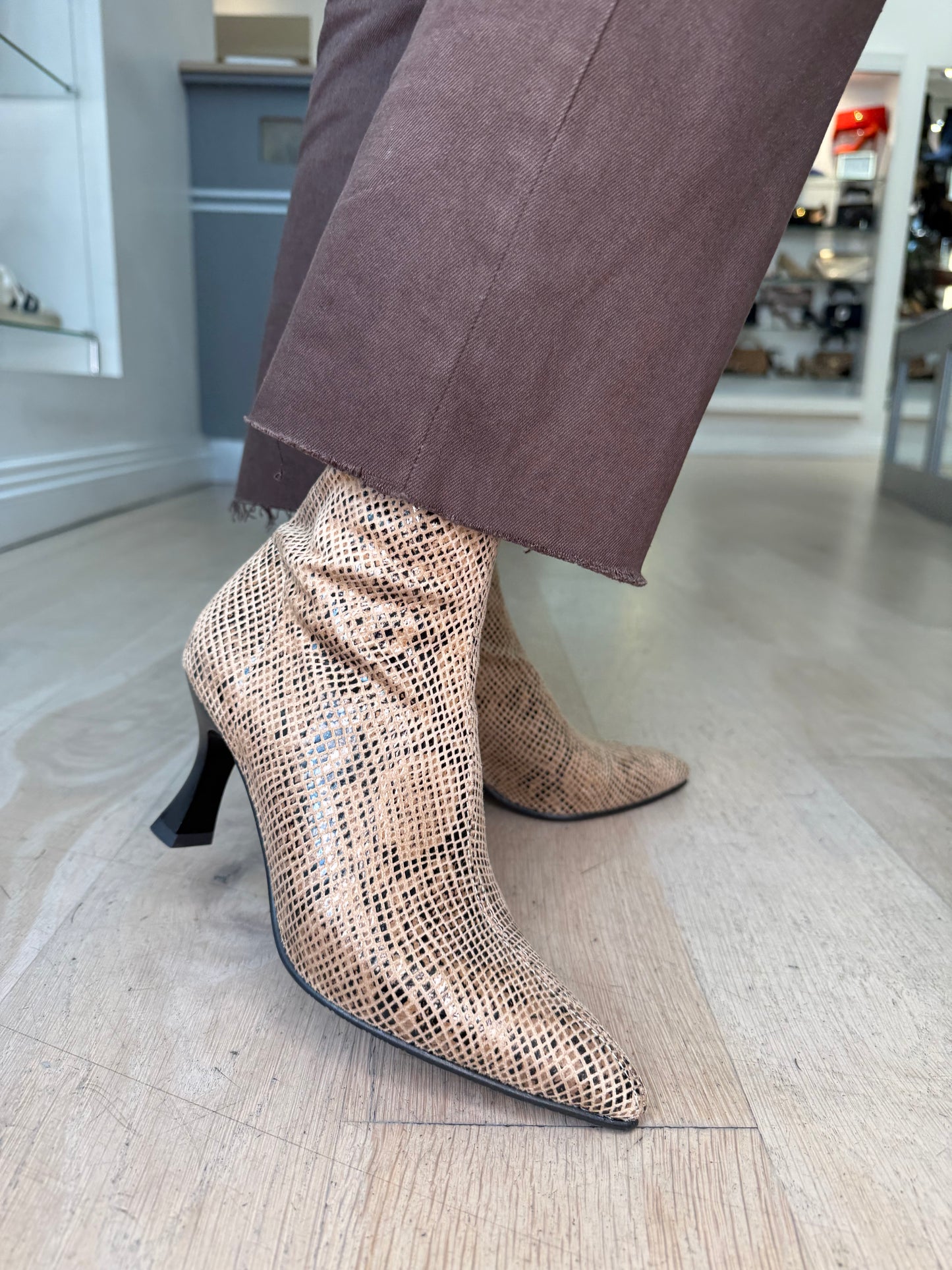 Miss Elastic - Brown Snake Print Short Sock Boot