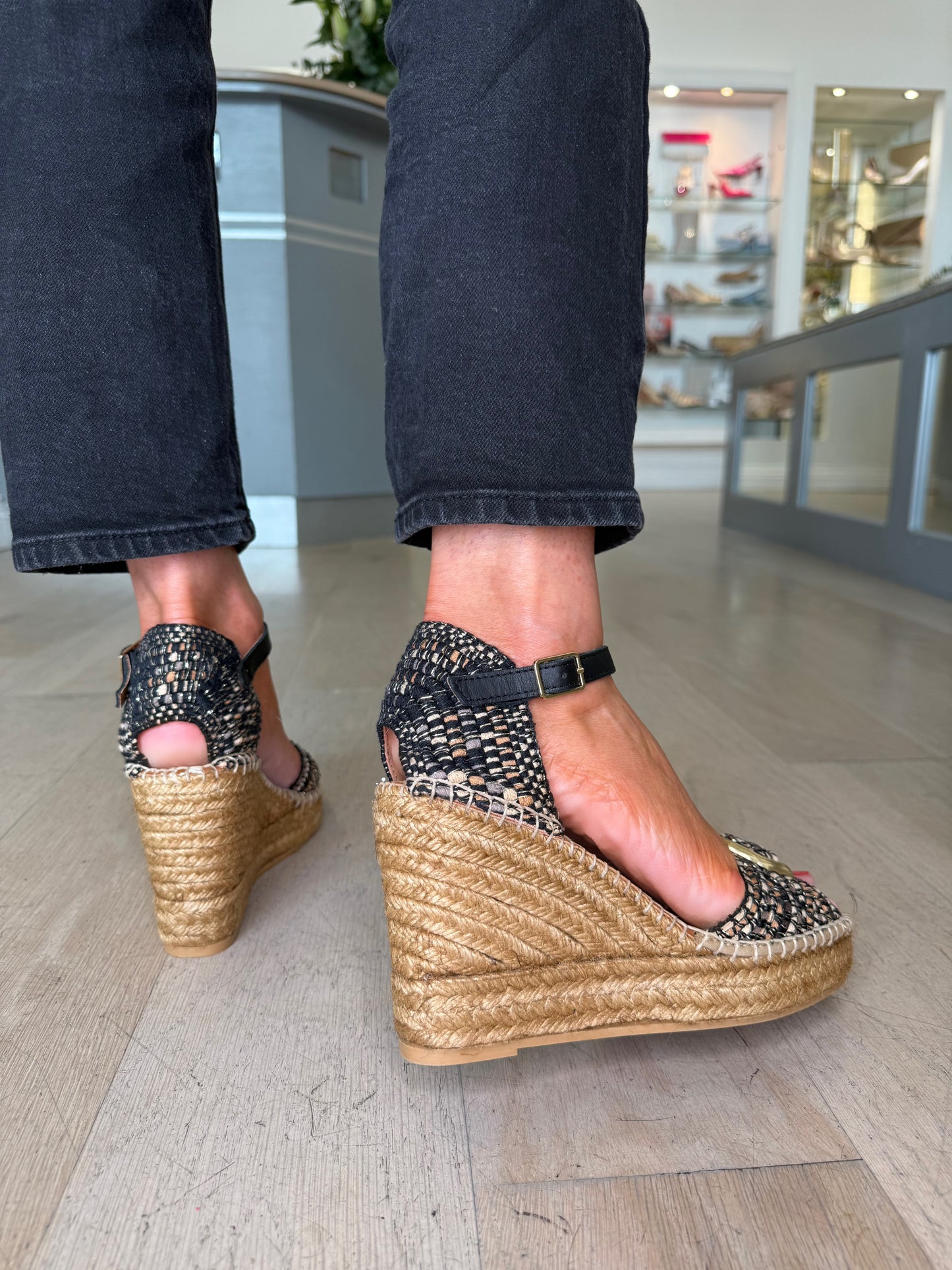 Viguera - Black Multi Coral Tweed Fabric Peep Toe Wedge