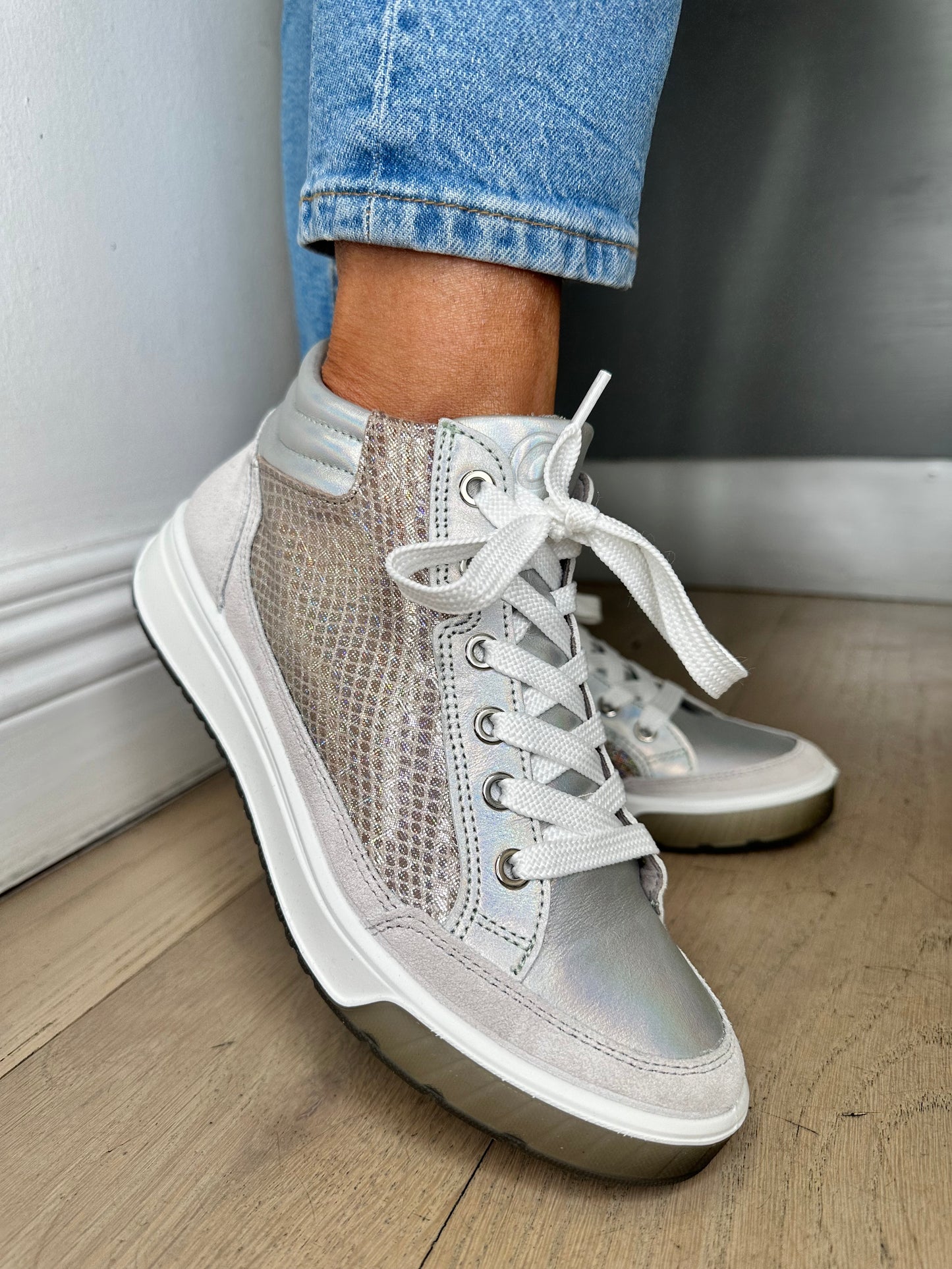 Ara -  Silver / Grey High Top Trainer With Side Zip