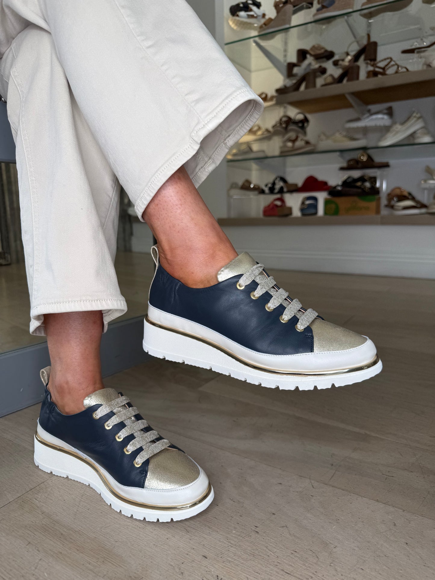 XSA - Navy & Cream Lace Up Wedge Shoe With Gold Trim
