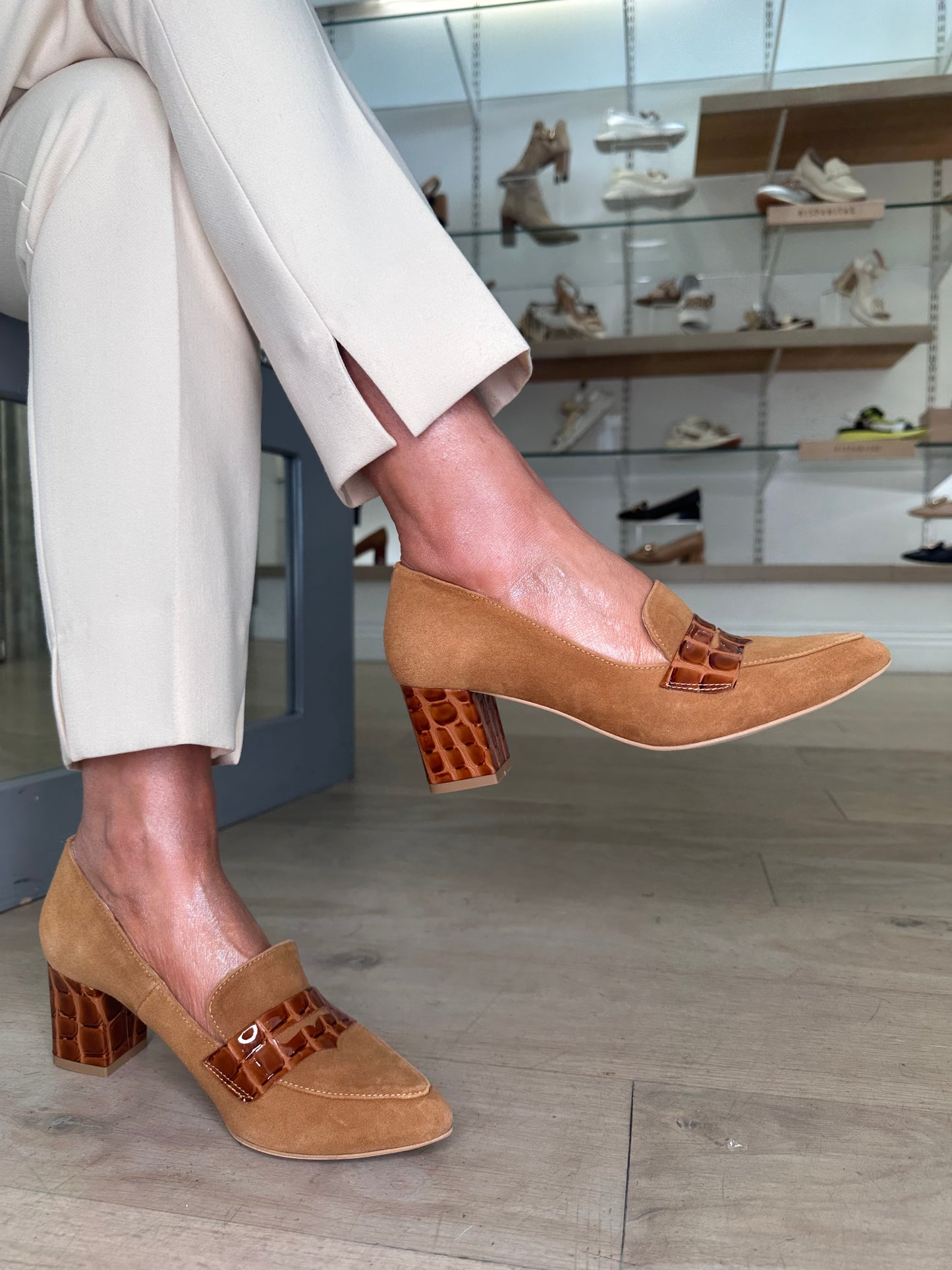 Emis - Tan Suede Pointy Toe Block Heel Shoe With Tan Patent Croc Trim
