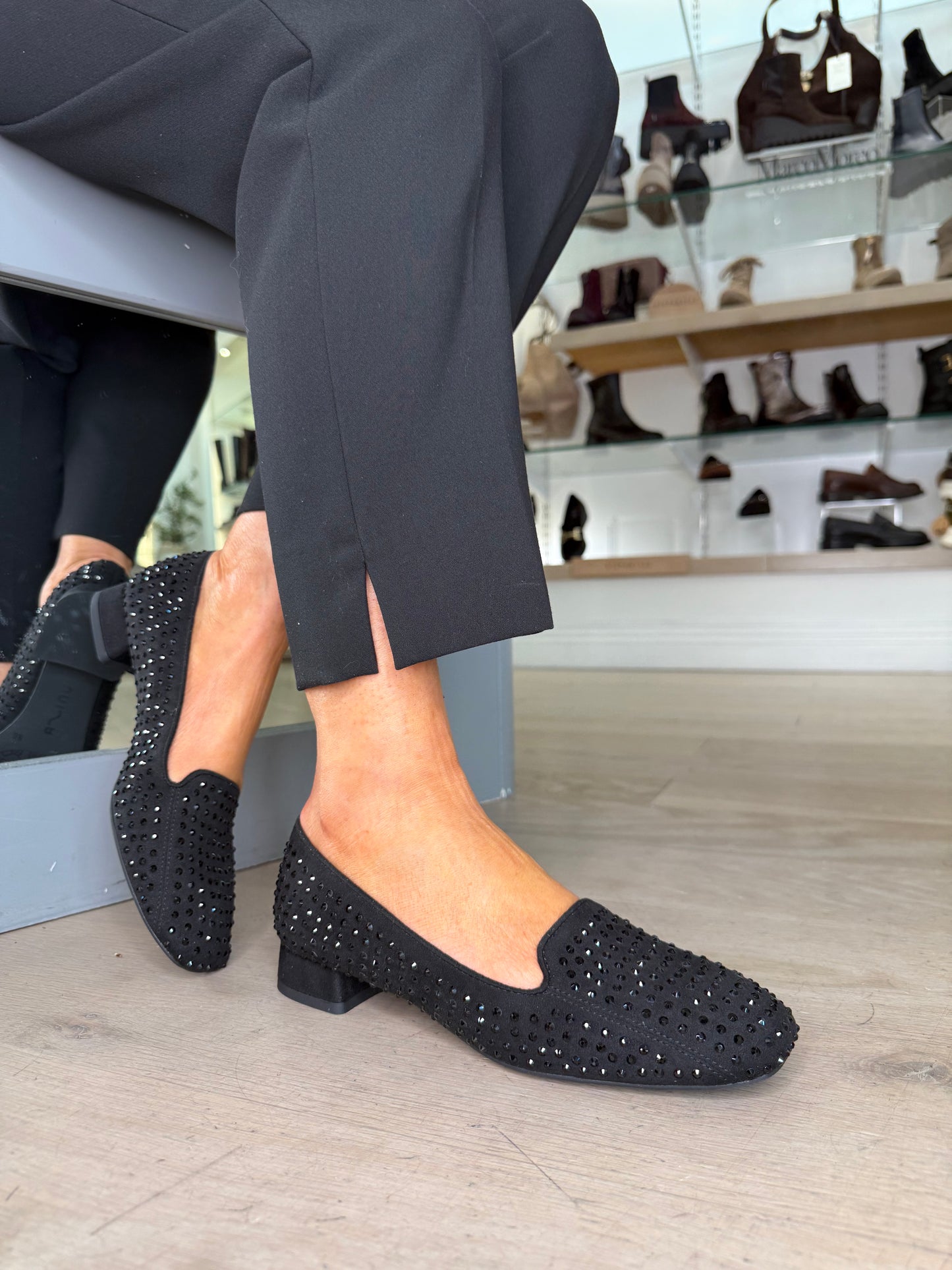 Unisa - Black Suede Jeweled Pomp Style Square Toe Shoe