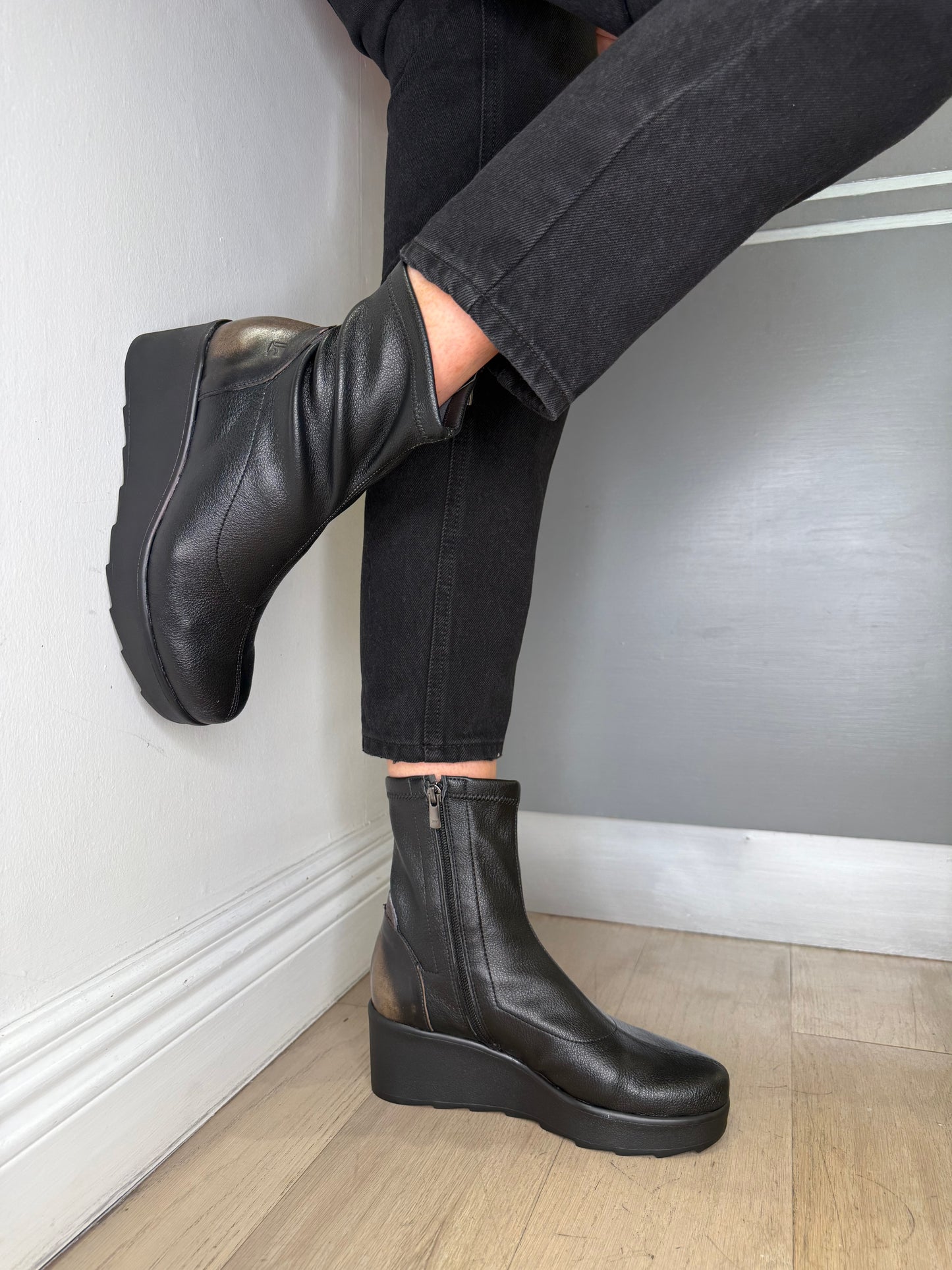 Jose Saenz -Black Stretch Leather Wedge Boot With Soft Bronze & Camel Trim