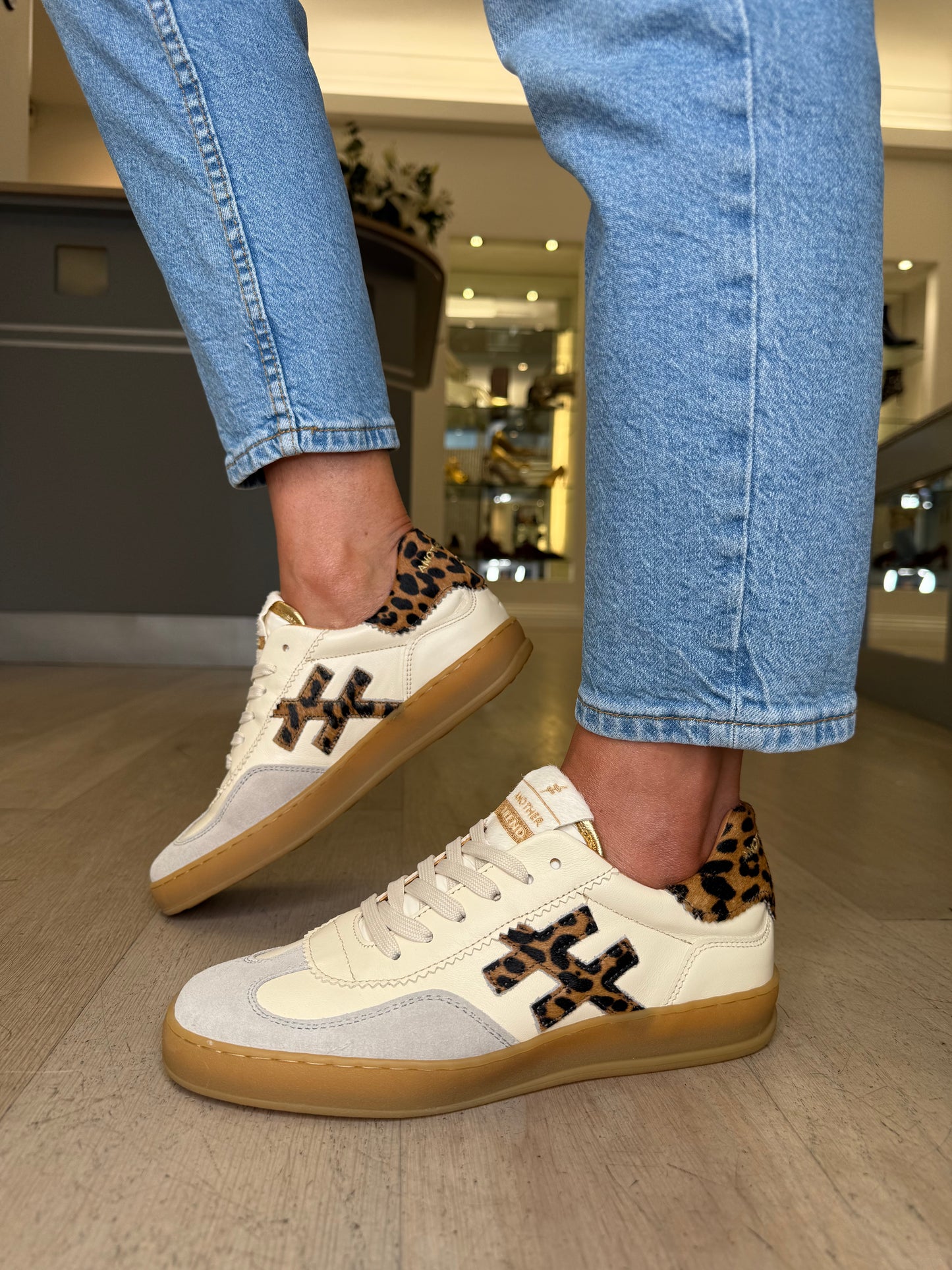 Another Trend - Stone Suede & Rich Cream Leather Trainer With Leopard Print Trim