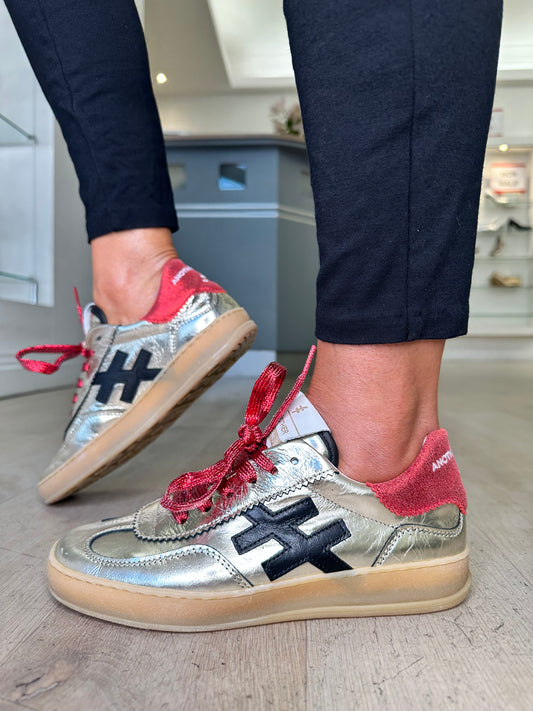 Another Trend - Metallic Gold Trainer With Red Laces & Red Trim