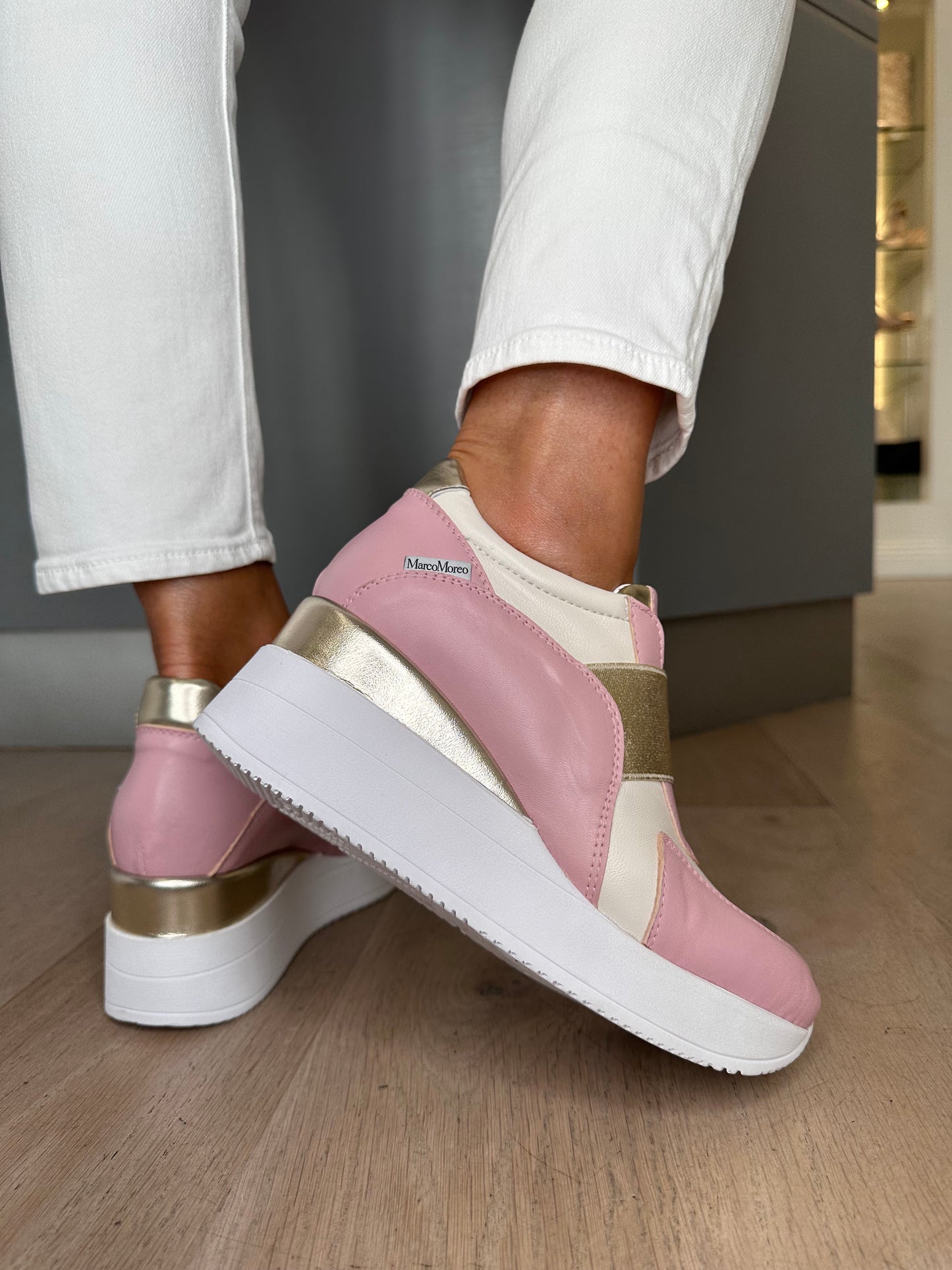 Marco Moreo - Alene Soft Candy Pink & Cream Slip On Wedge Shoe With Gold Trim