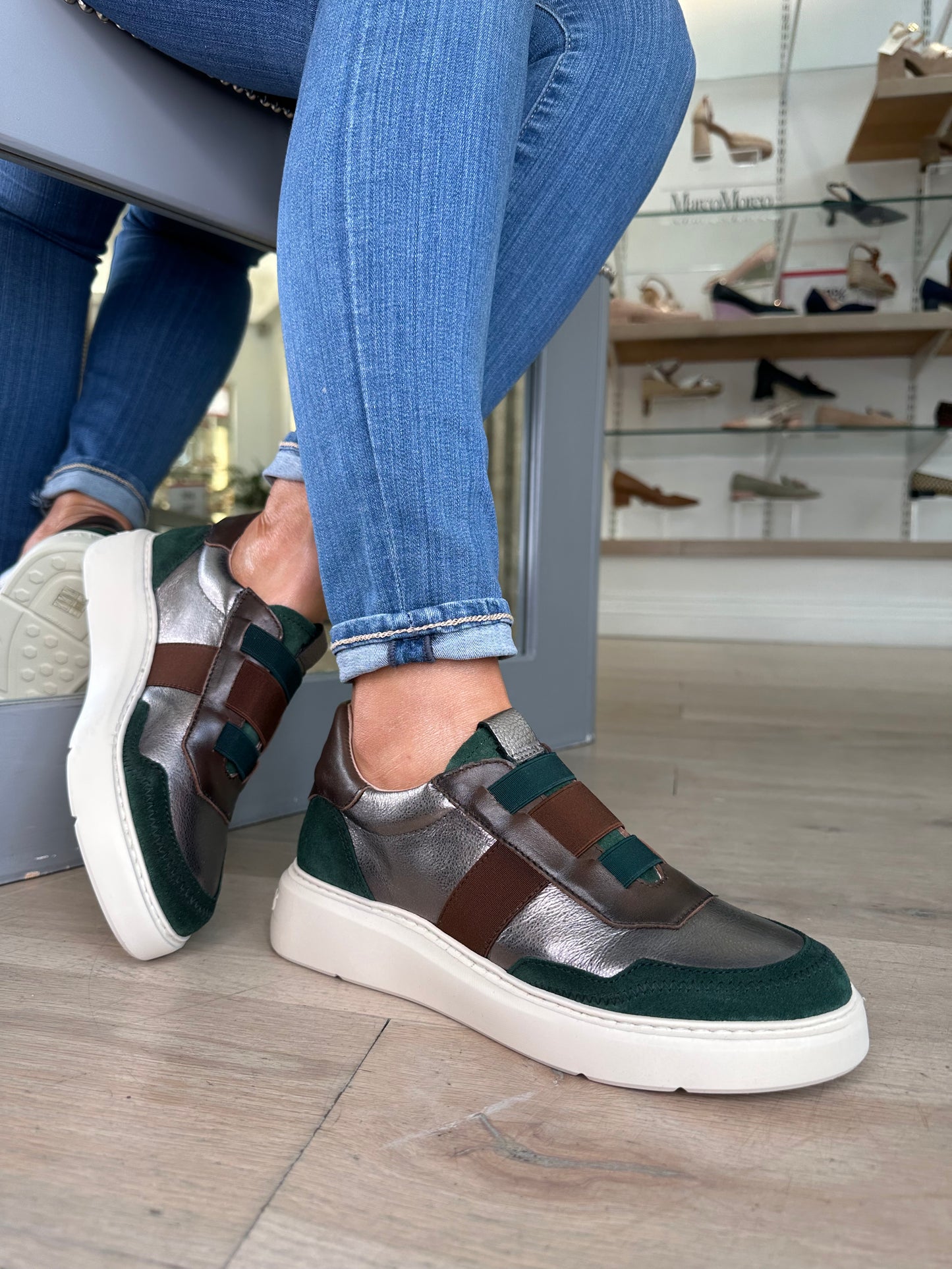 Hispanitas - Forest Green Suede / Metallic Pewter & Chocolate Brown Mix Pull On Trainer