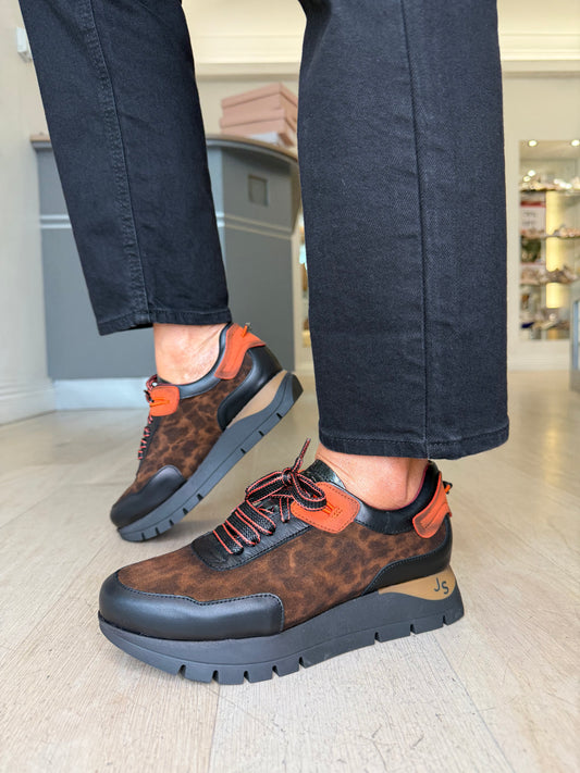 Jose Saenz - Black Leather / Leopard Print Trainer With A Burnt Orange Trim