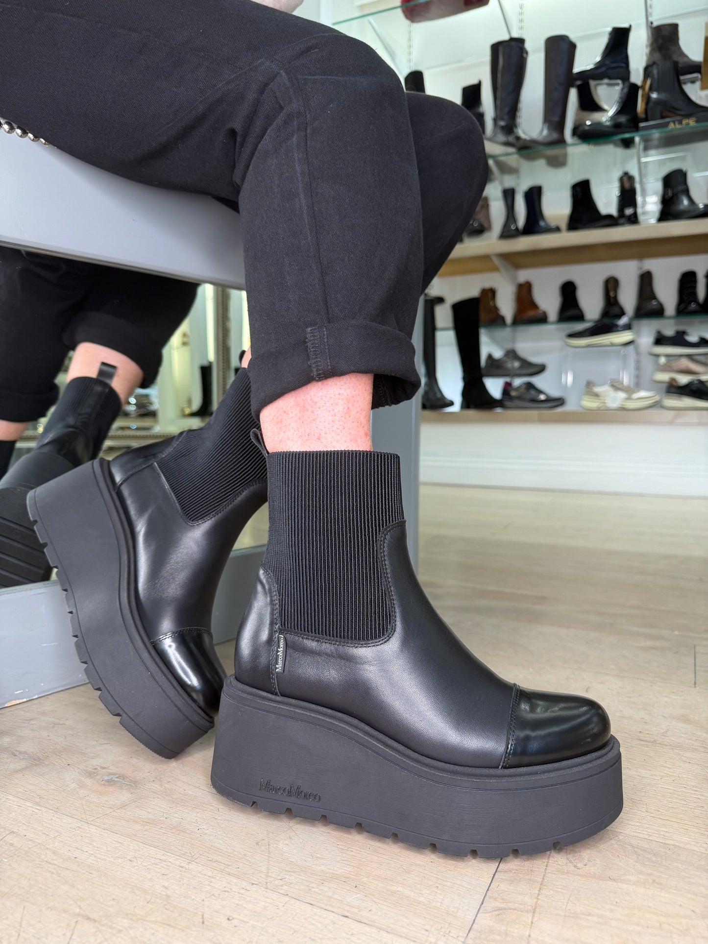 Marco Moreo - Brenda Black Leather & Fabric Panel Platform Boot