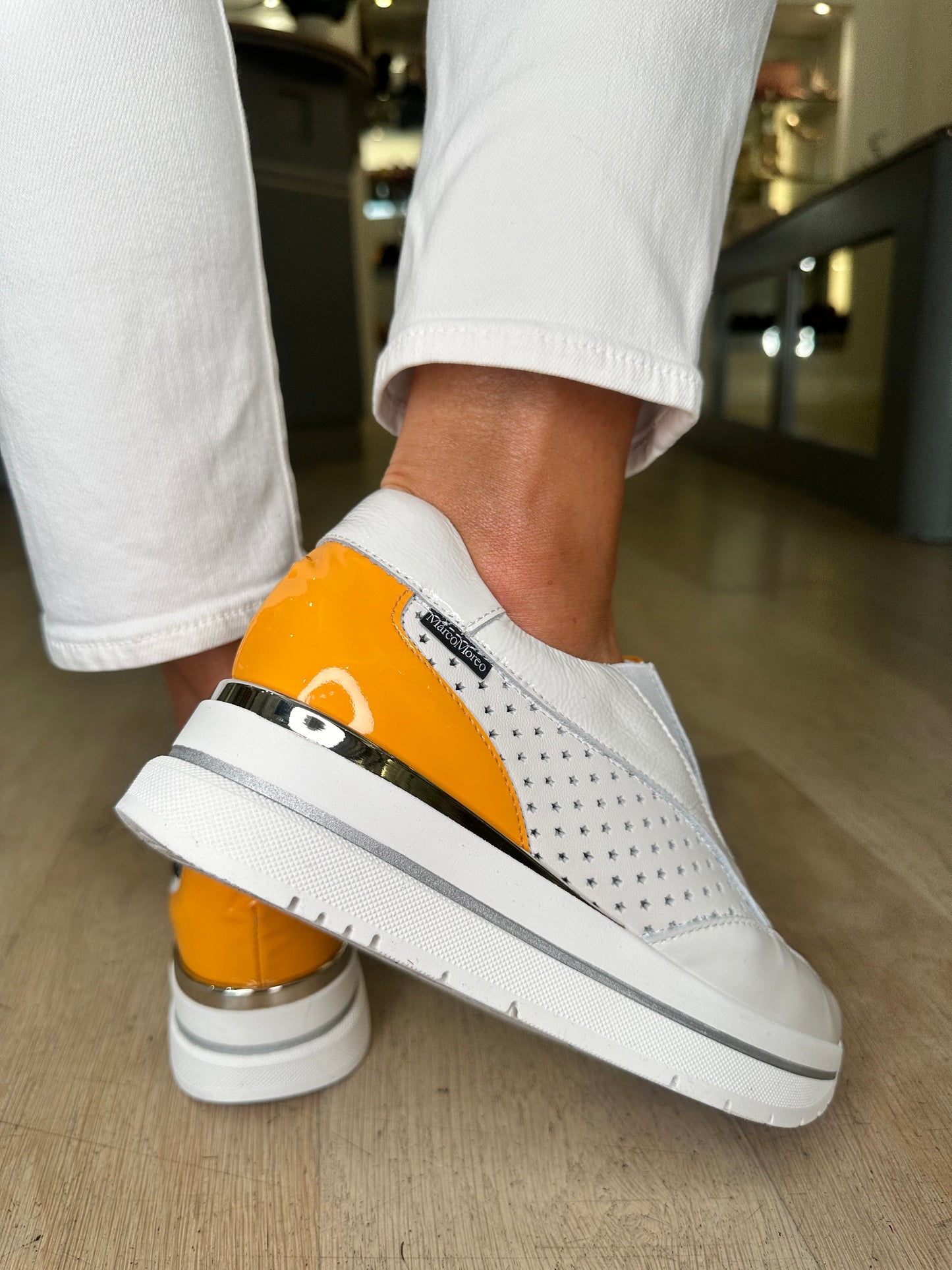 Marco Moreo - White Flexy Patent & Leather Orange Trim Trainer