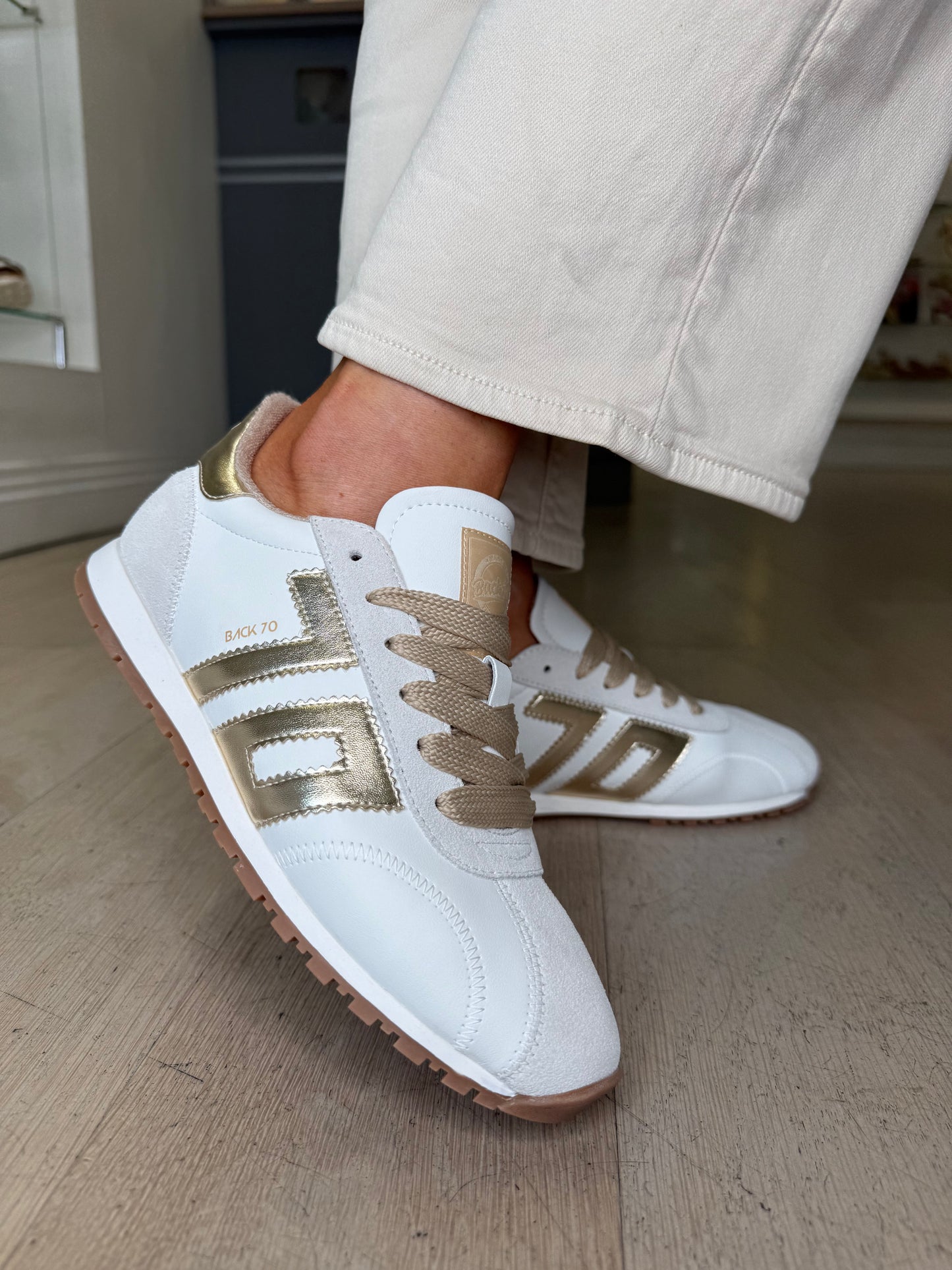 Back 70 -White Leather Trainer With Soft  Suede & Metallic Gold Trim