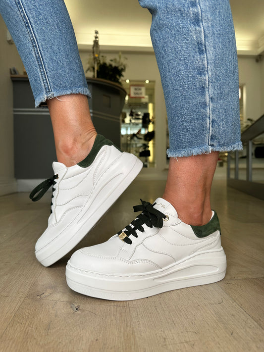 Unisa - White Leather Trainer With Forest Green Suede Trim