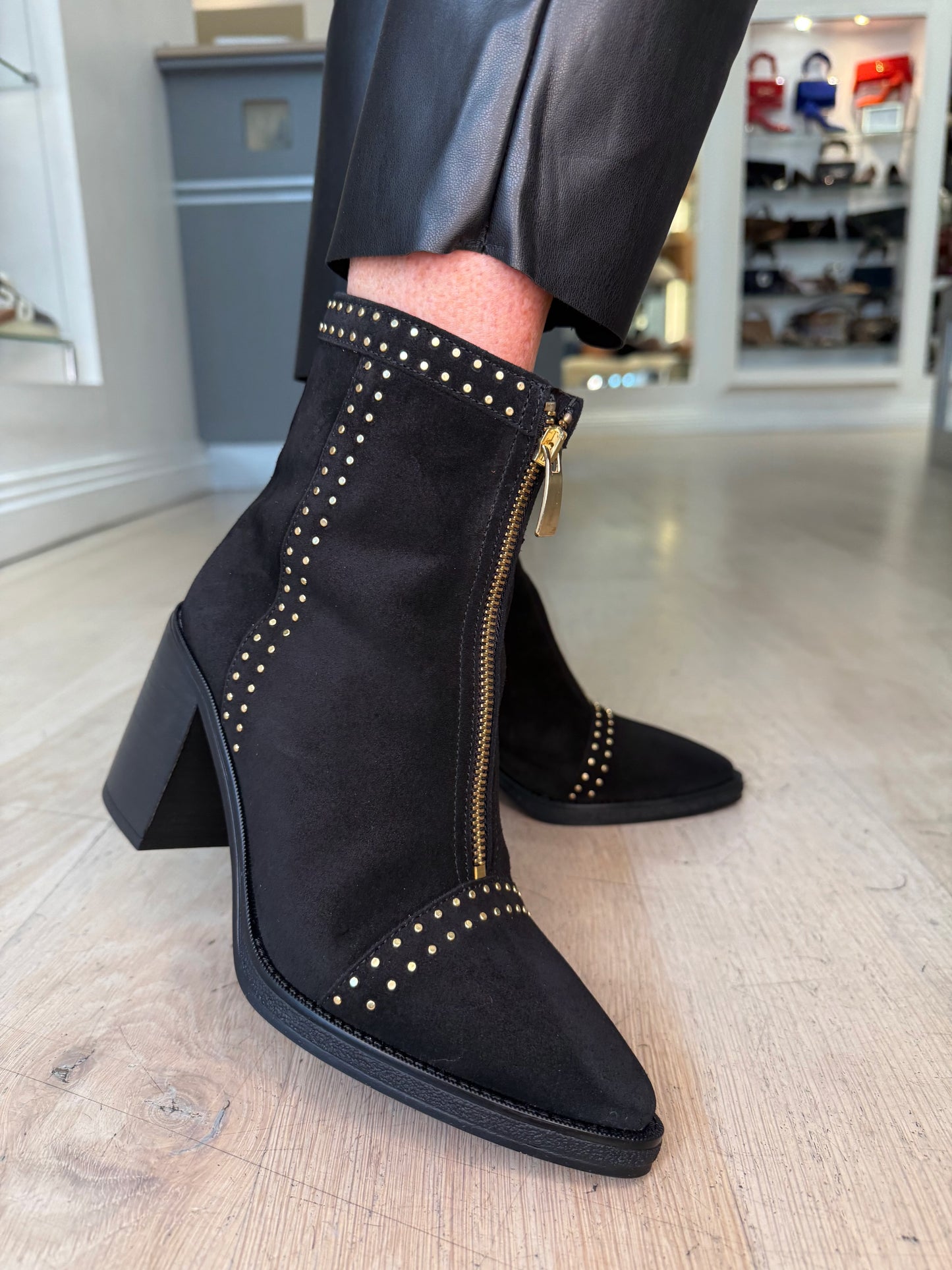 Alpe - Black Suede Zip Up Pointy Toe Boot With Block Heel & Gold Stud Trim