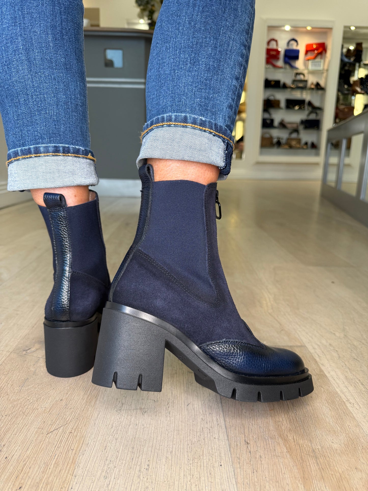 Hispanitas - Navy Suede & Leather Block Heel Boot With Platform Sole