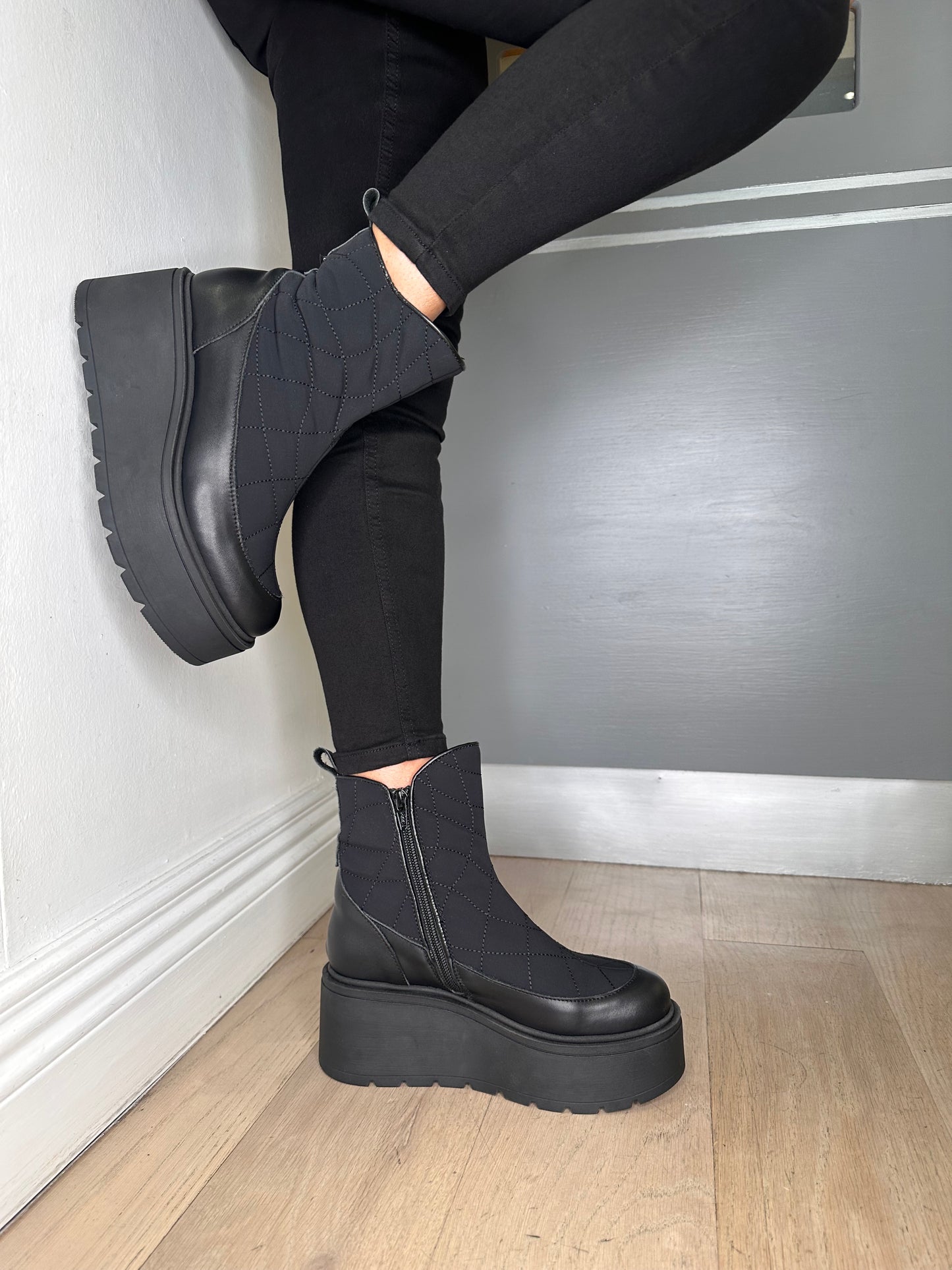 Marco Moreo - Black Padded Quilted Fabric / Leather Chunky Sole Boot