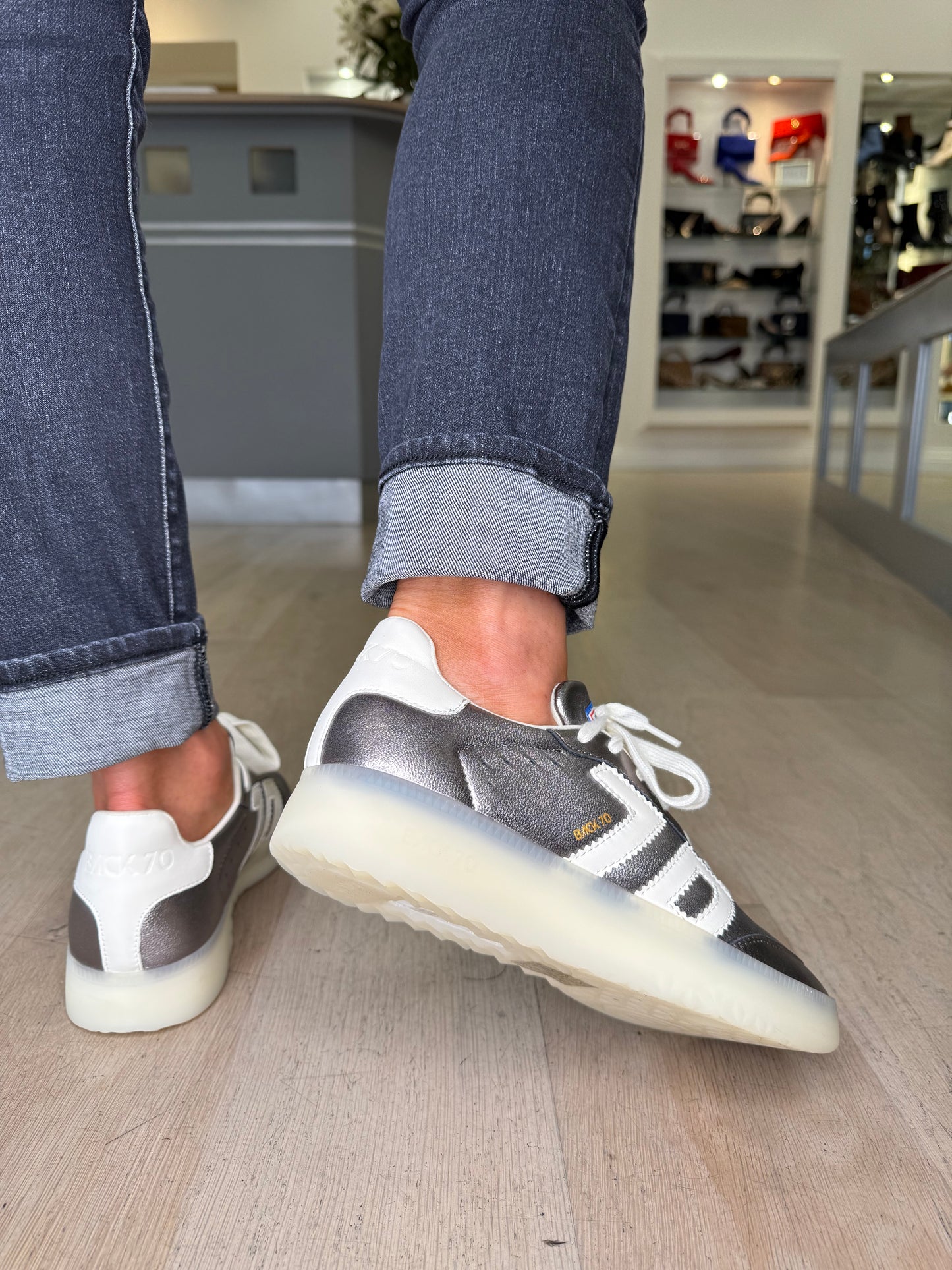 Back 70 - Boston Gunmetal Leather Trainer With Milk Trim