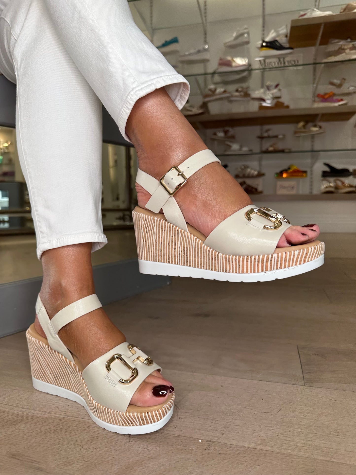 Repo - Soft Cream Mid Heel Wedge With Gold Trim