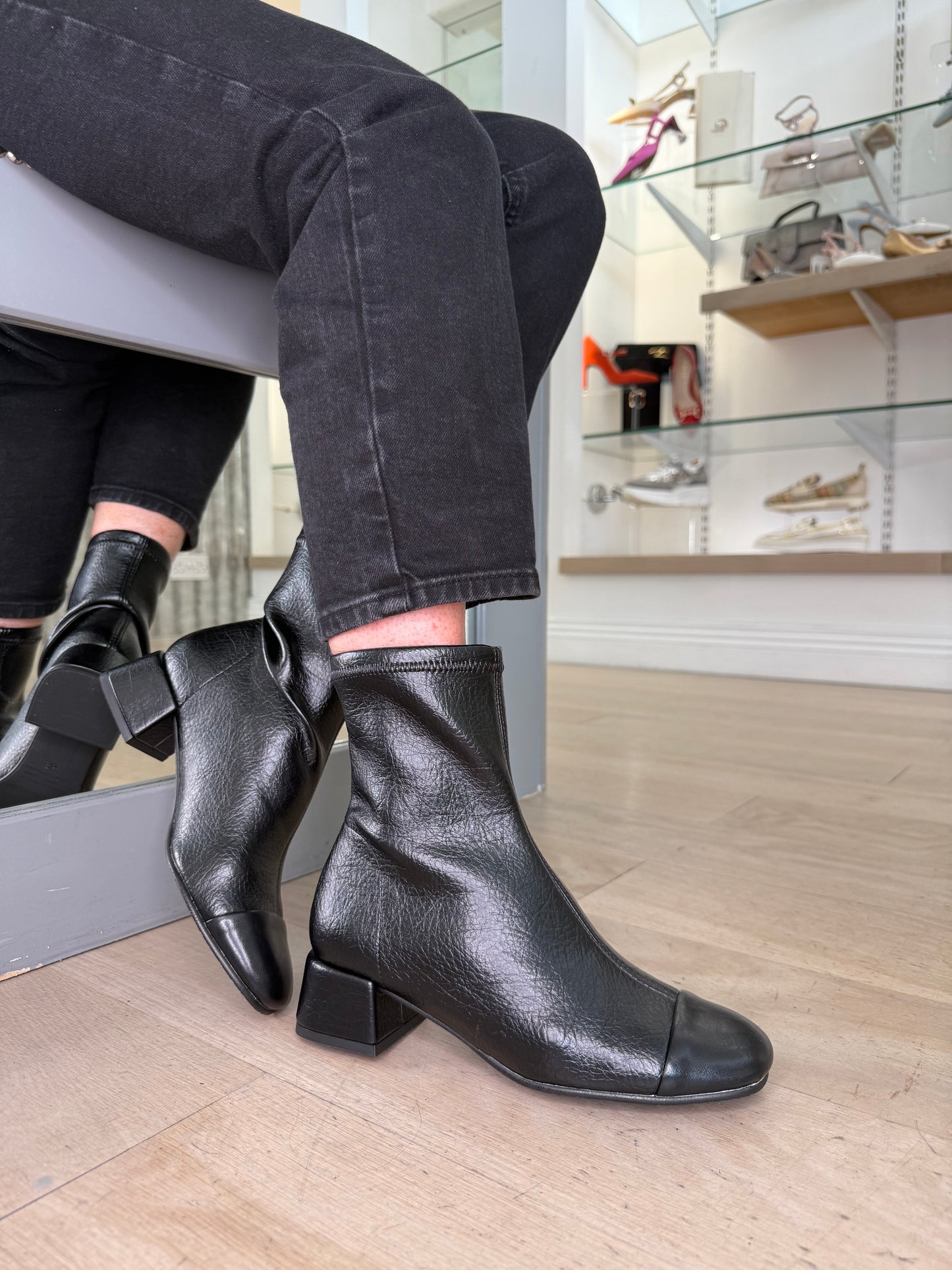 Miss Elastic - Black Stretch Leather Sock Boot With Medium Heel