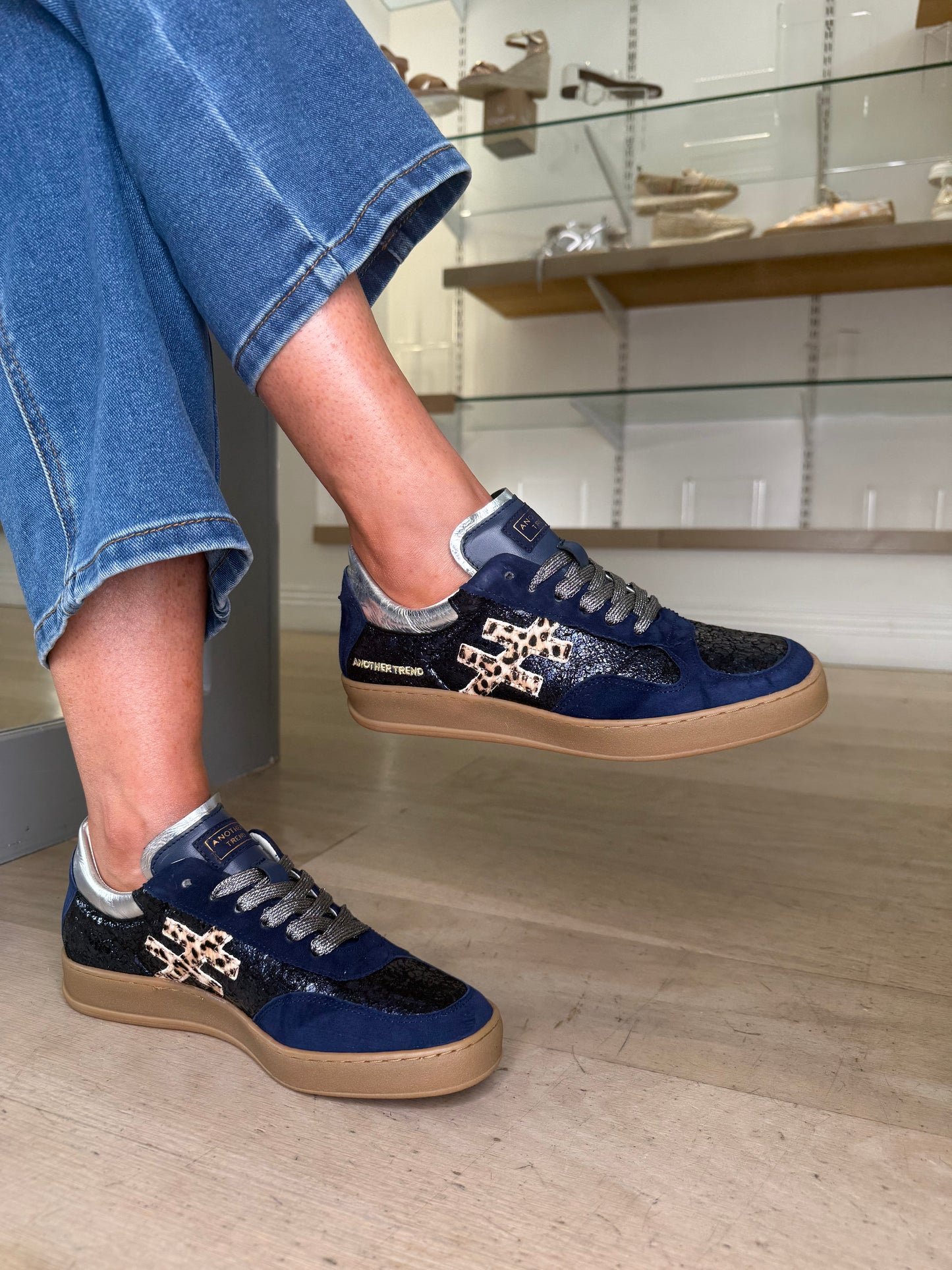 Another Trend -Multi Suede Navy Mix Trainer With Leopard Print & Metallic Silver Trim