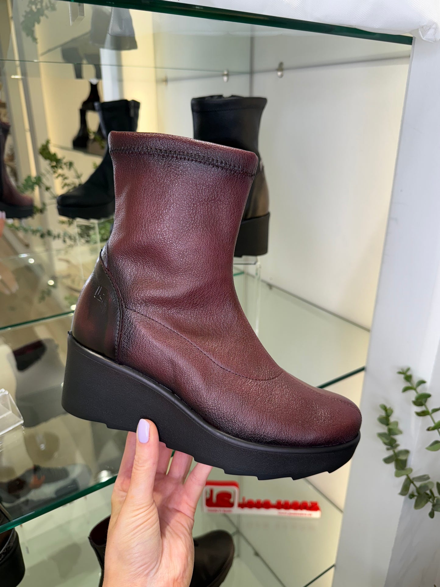 Jose Saenz - Rich Wine Stretch Leather Wedge Boot With Pewter Trim
