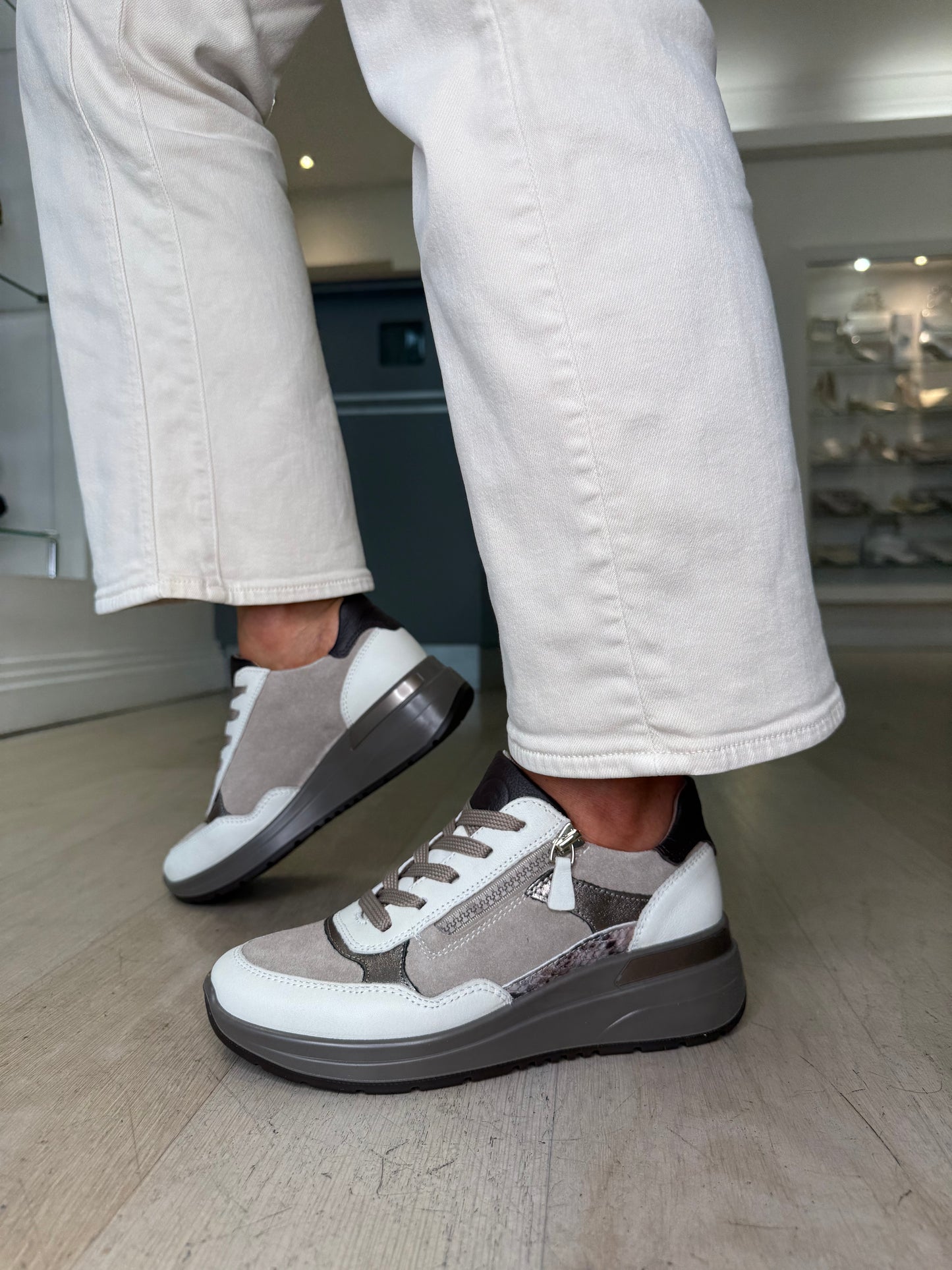 Ara -  Winter Cream & Taupe Suede Mix Lace Up Trainer With Side Zip