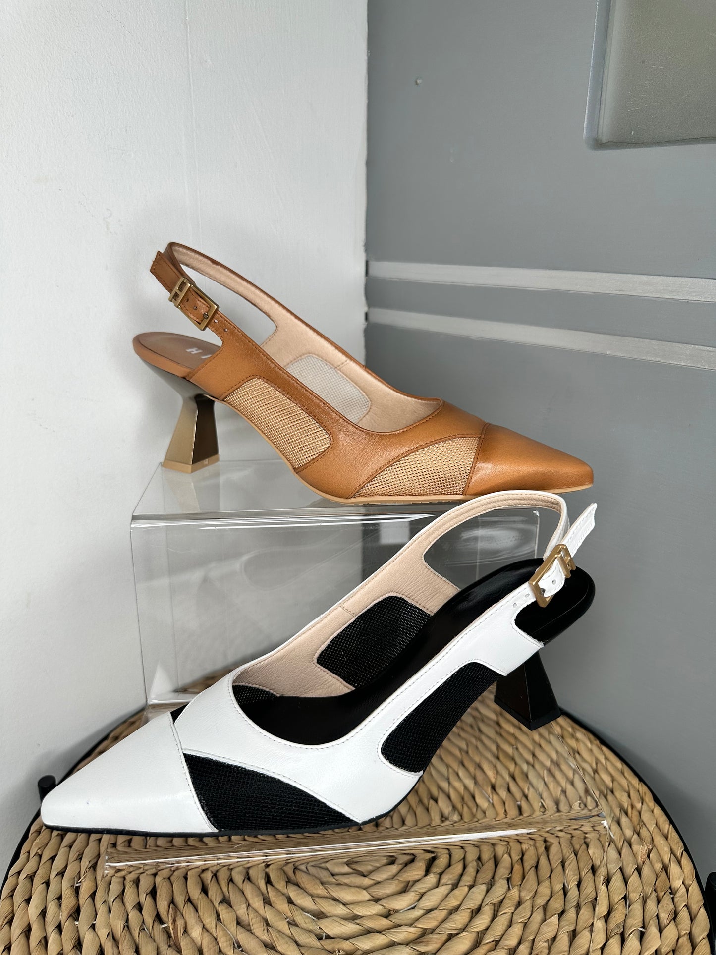 Hispanitas -White Leather / Black Mesh Pointy Toe Slingback Shoe