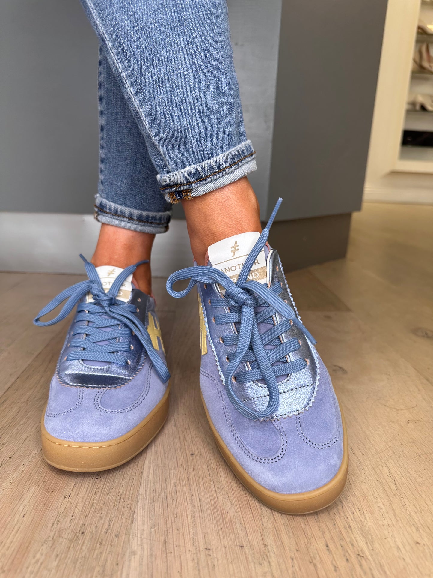 Another Trend (Alpe) - Sky Blue Suede / Metallic Mix Trainer With Lemon /  Soft Rose Trim