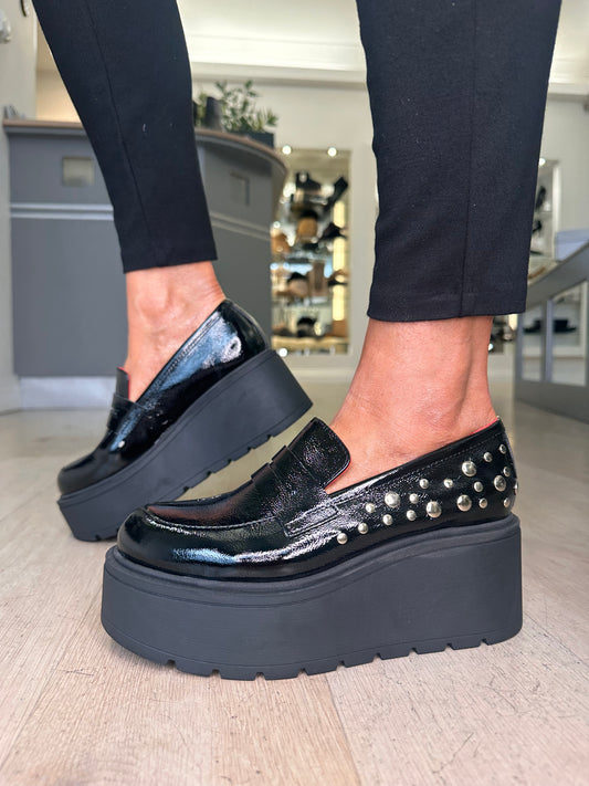 Marco Moreo - Black Flexy Patent Slip On Wedge Shoe With Silver Stud Detail