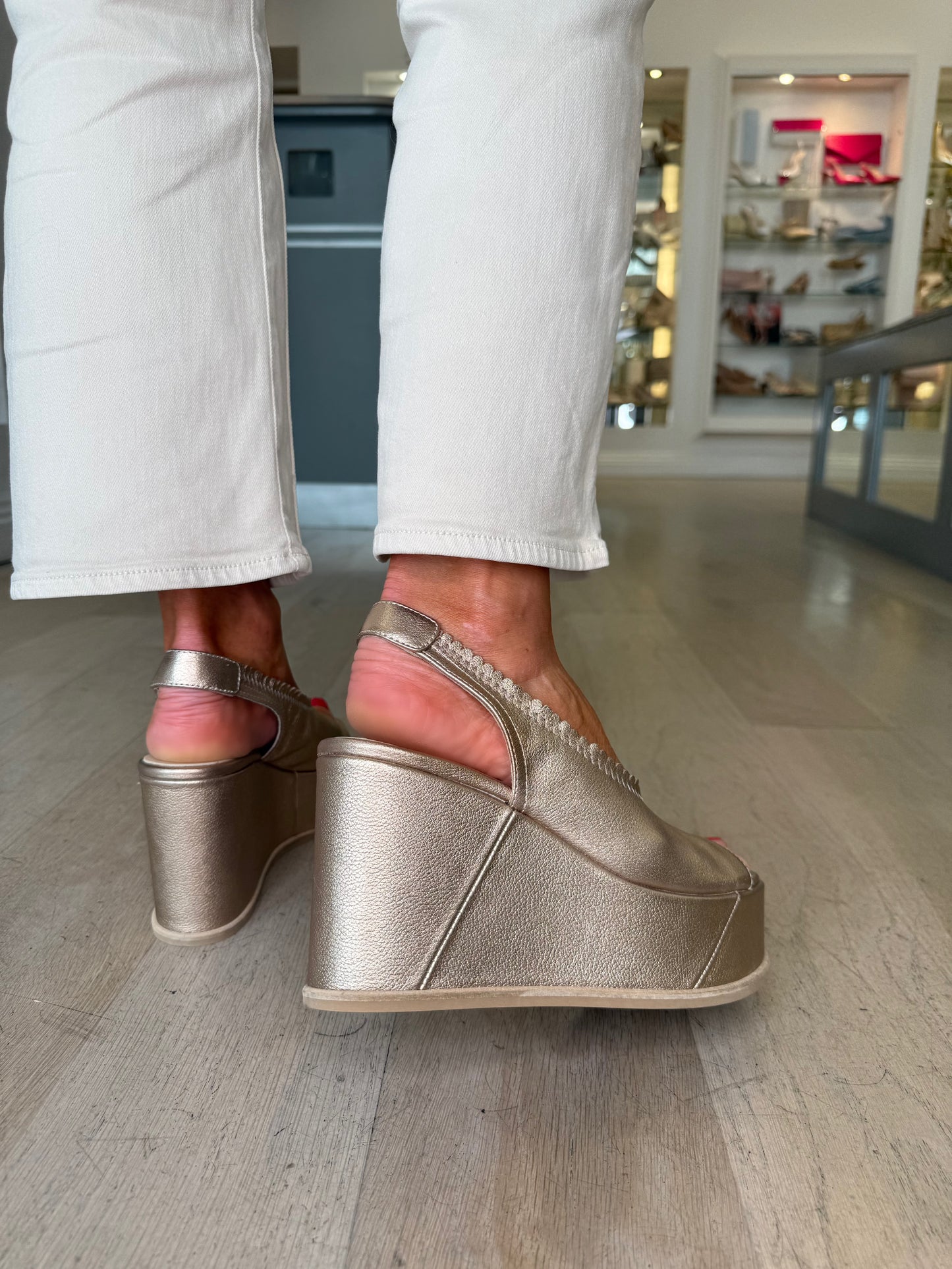Marco Moreo -Estelle Soft Bronze Metallic High Wedge Sandal With Scalloped Edge Detail