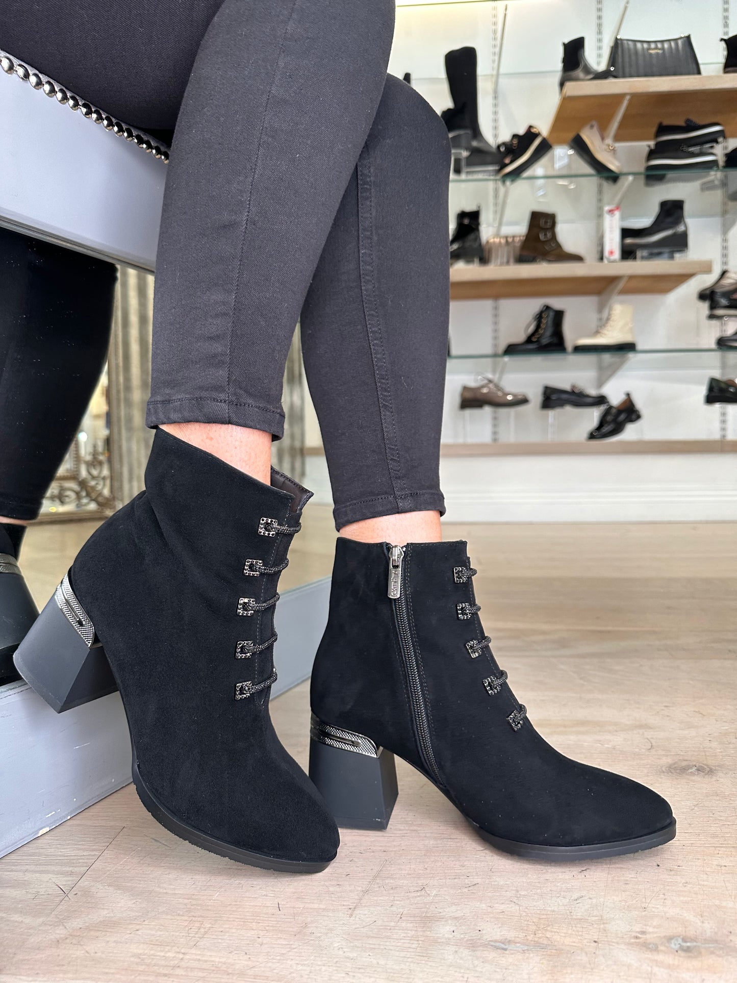 Loretta Vitale - Black Suede Lace Up Boot With Block Heel